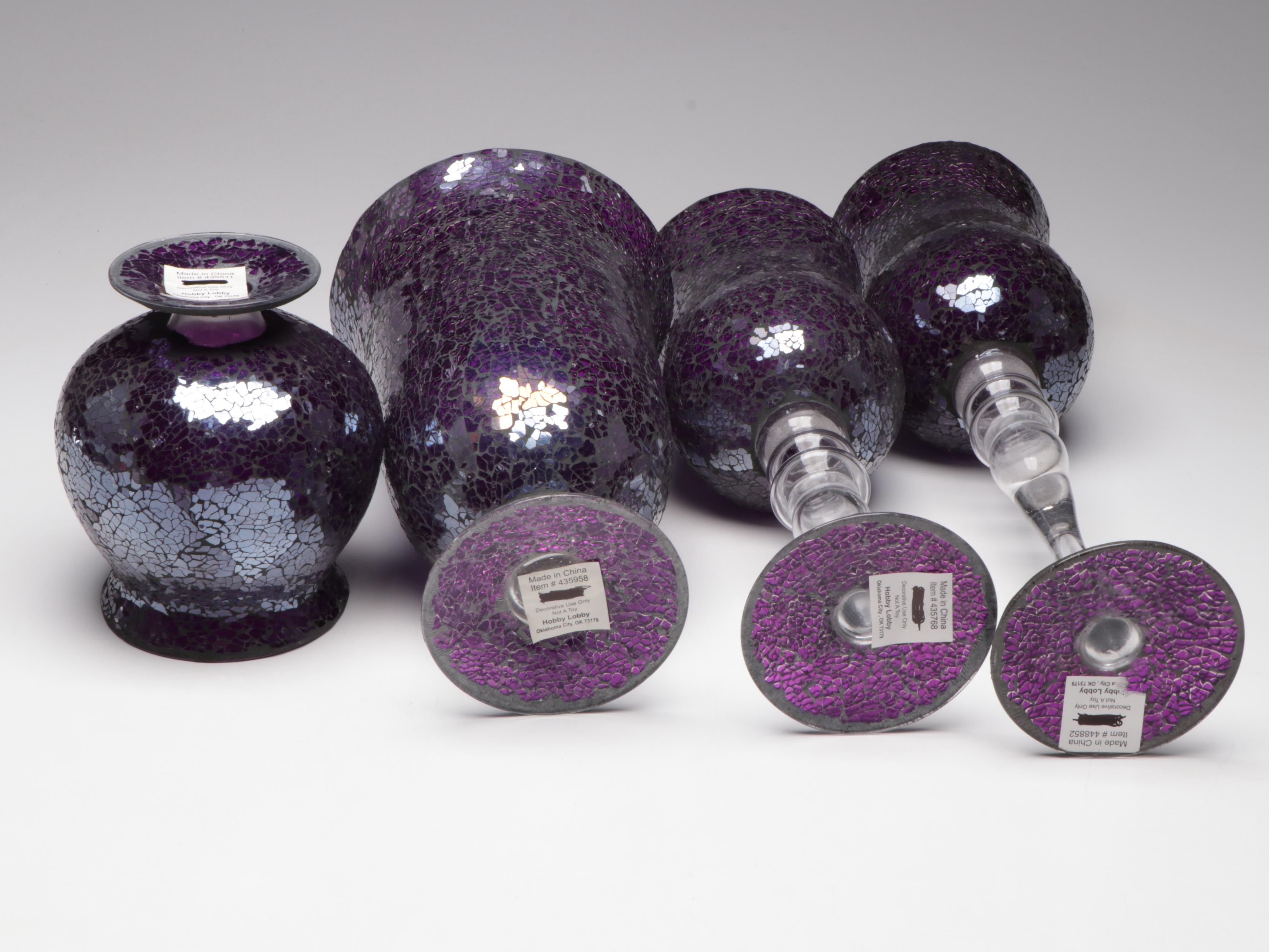 Hobby Lobby Mosaic Style Iridescent Glass Candle Holders and Vase