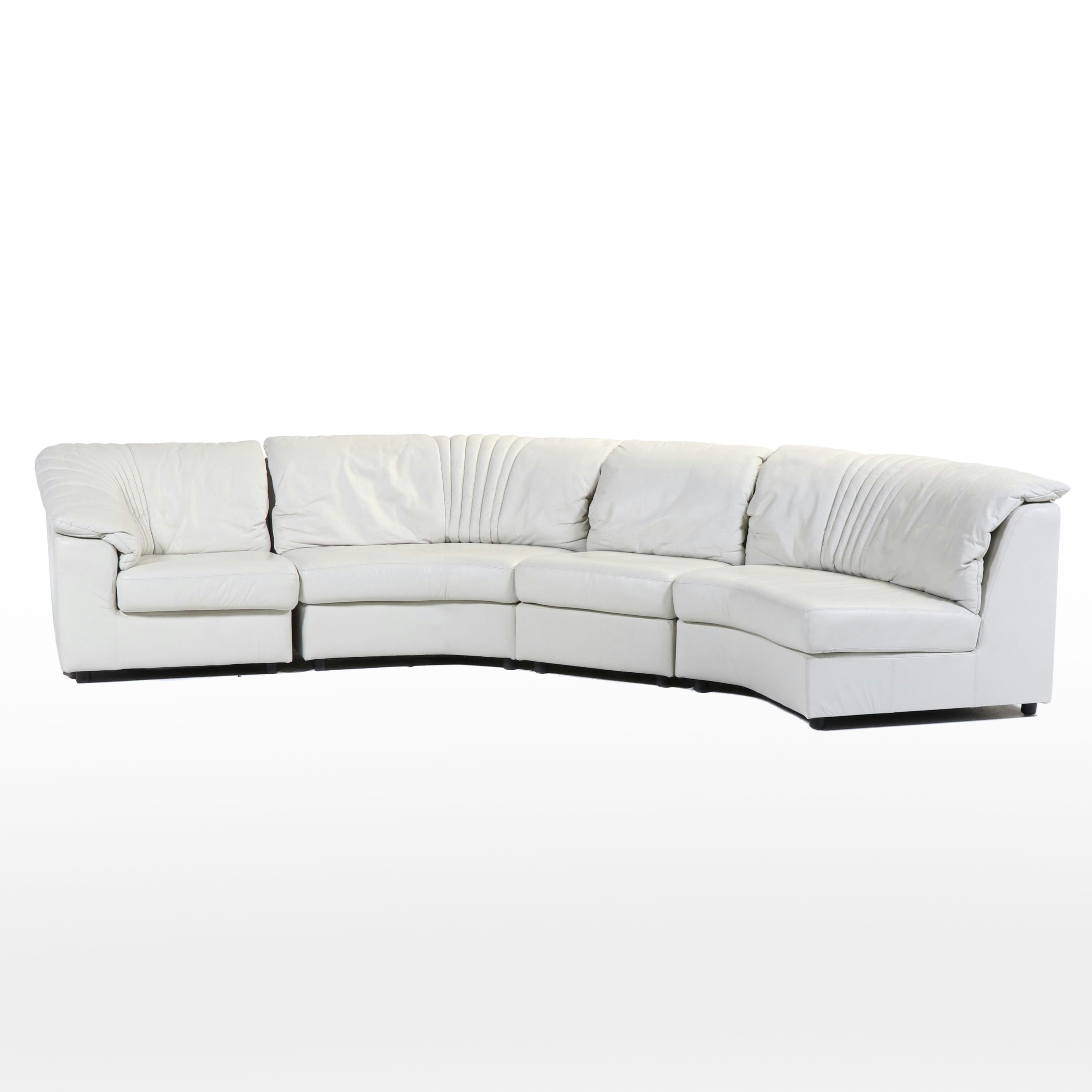 Deco Revival White Leather Upholstered Four-Piece Sectional Sofa, Late 20th C.