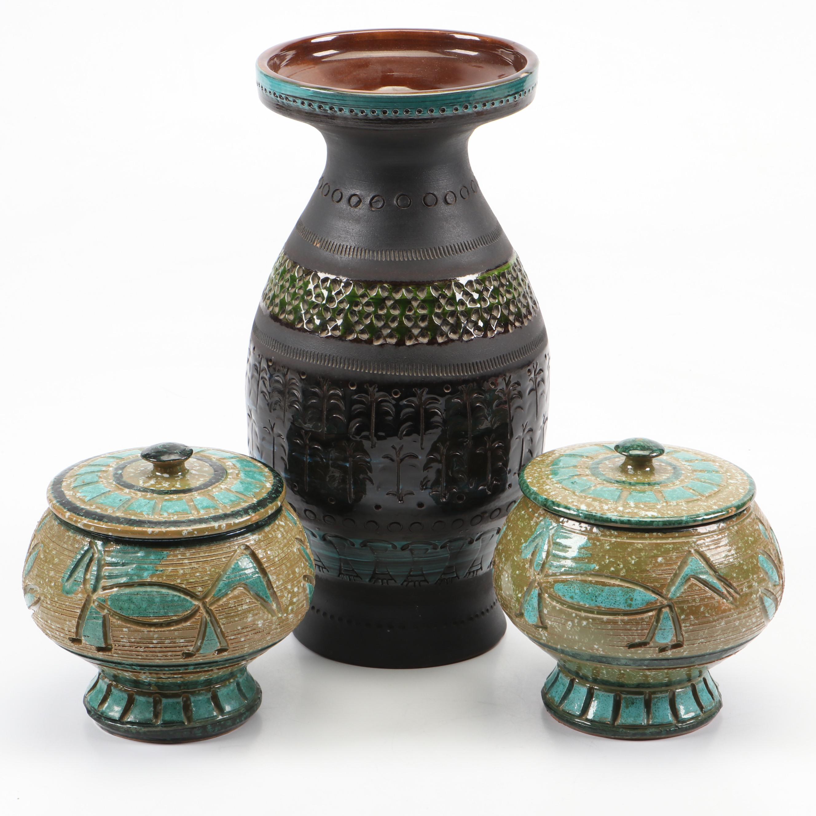 Aldo Londi for Bitossi "Rimini Blue" Ceramic Vase with Ceramic Lidded Jars