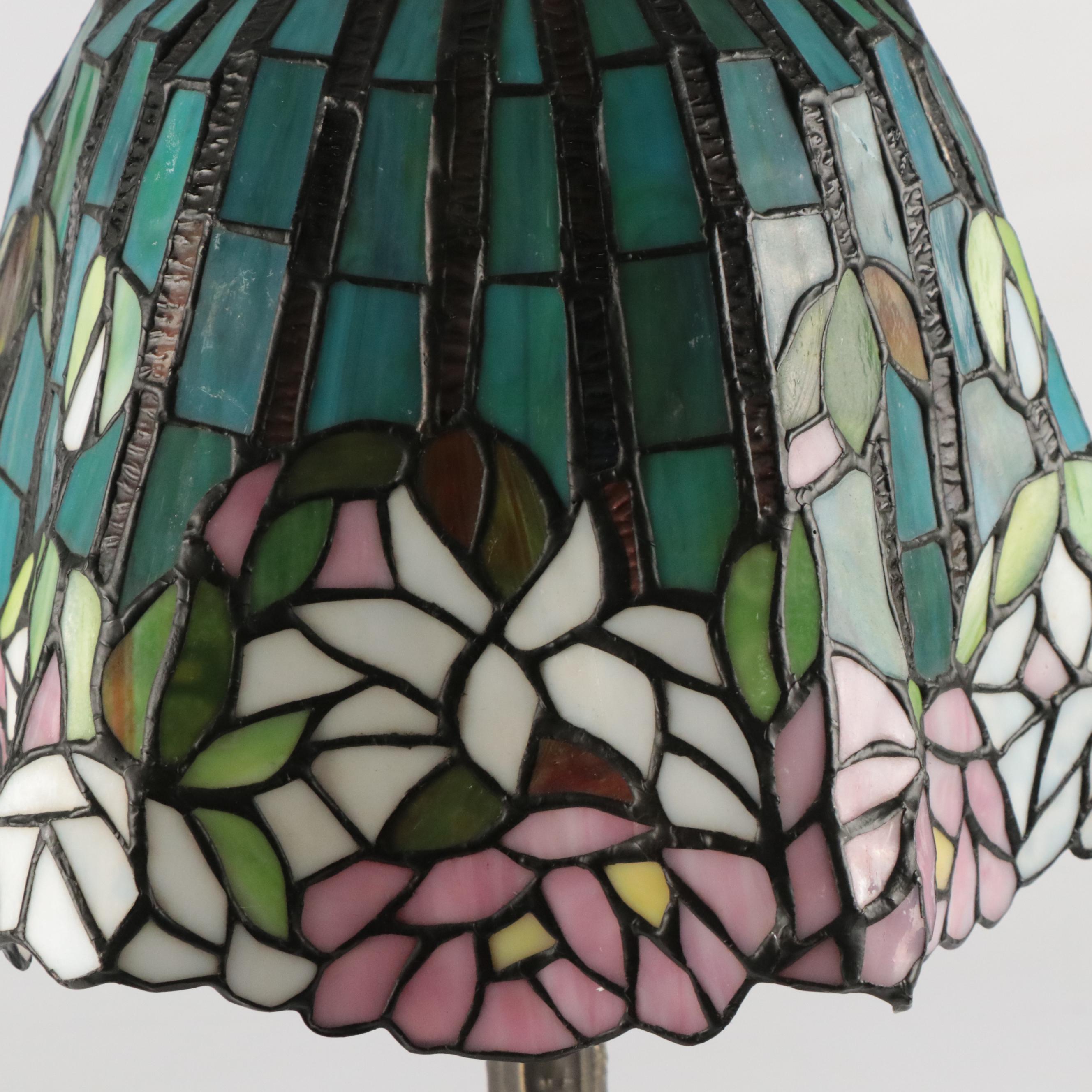 Dale Tiffany Style Slag Glass Lotus Motif Shade with Pressed Metal Table Lamp