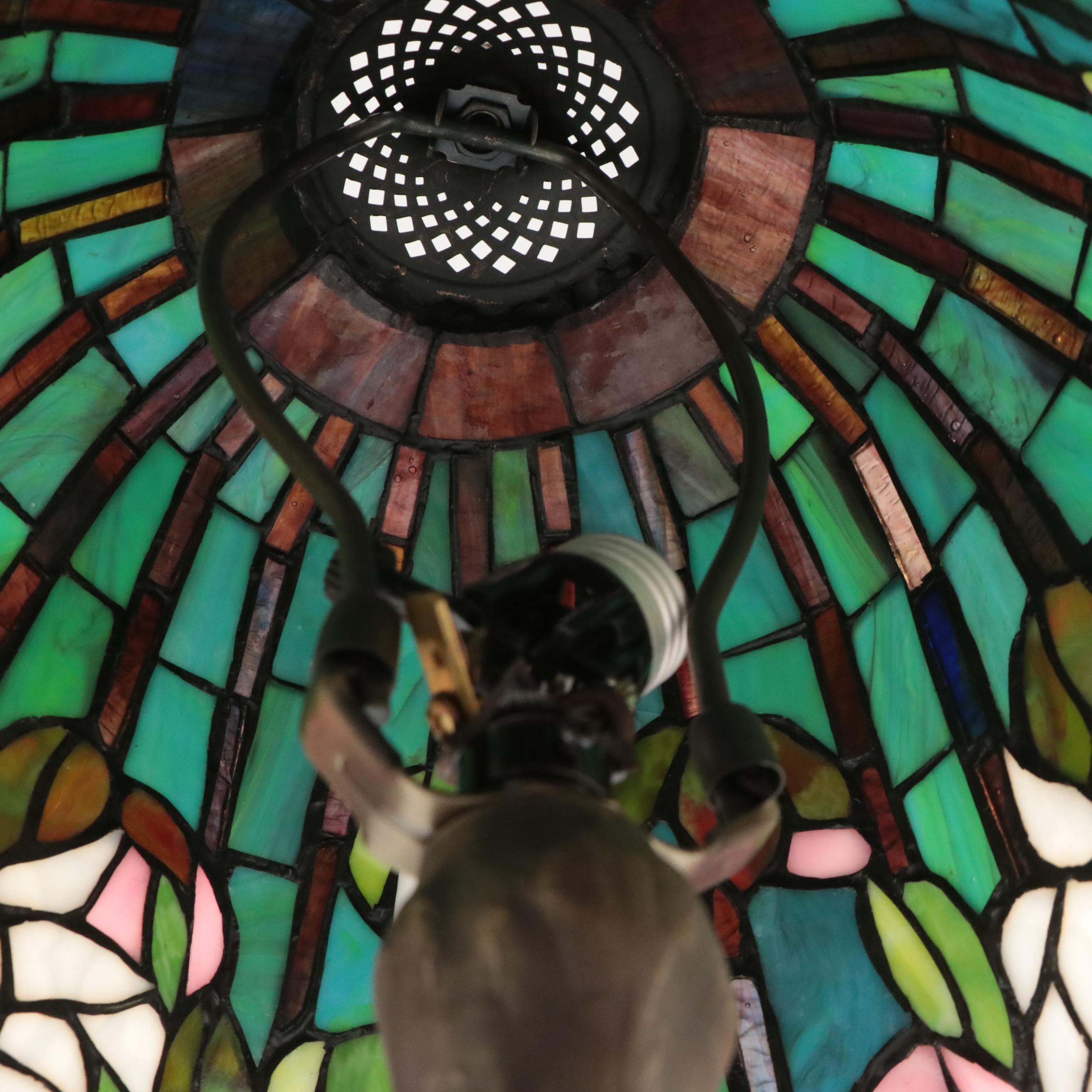 Dale Tiffany Style Slag Glass Lotus Motif Shade with Pressed Metal Table Lamp