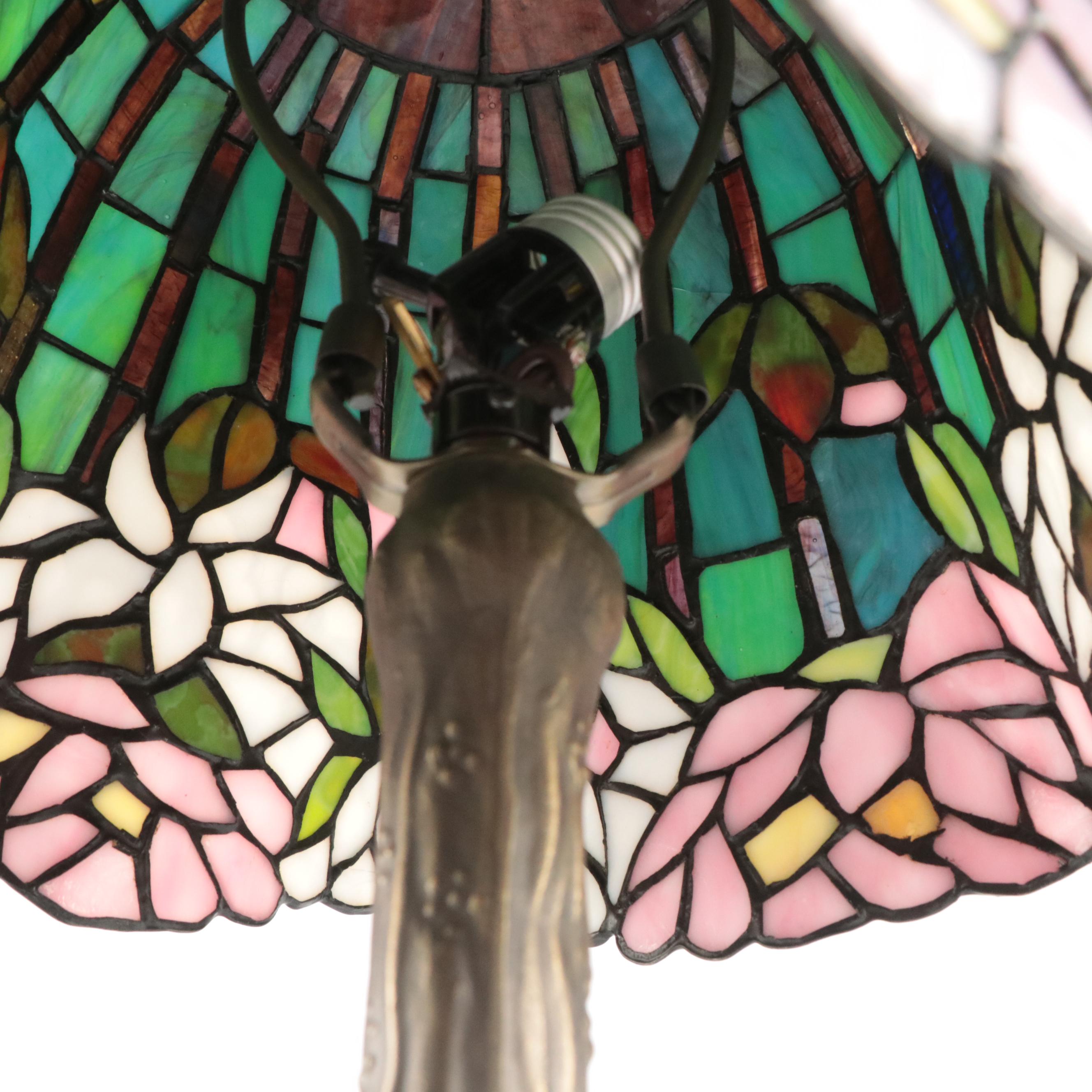Dale Tiffany Style Slag Glass Lotus Motif Shade with Pressed Metal Table Lamp