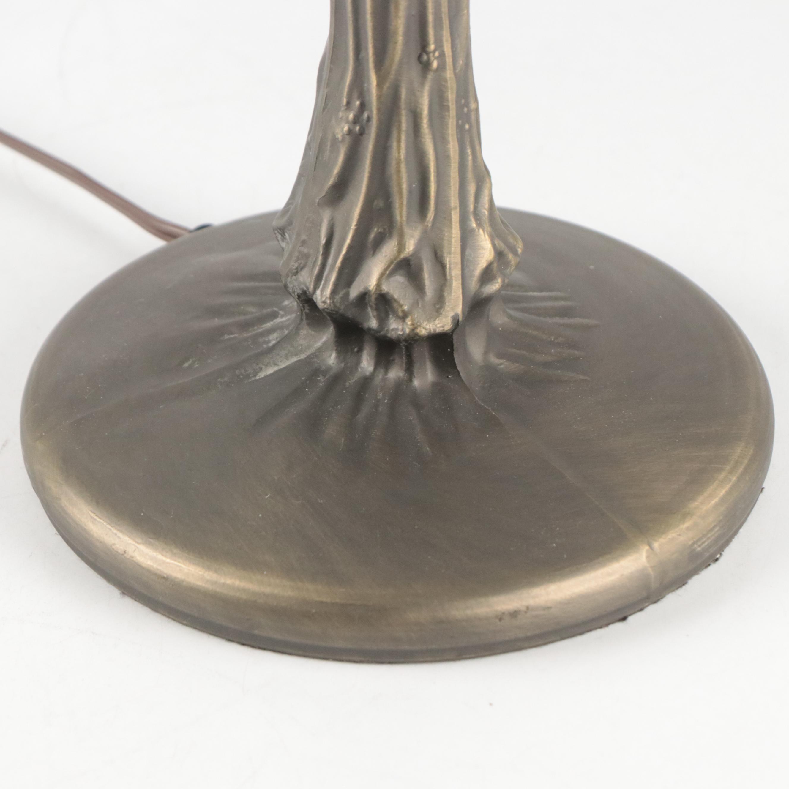 Dale Tiffany Style Slag Glass Lotus Motif Shade with Pressed Metal Table Lamp