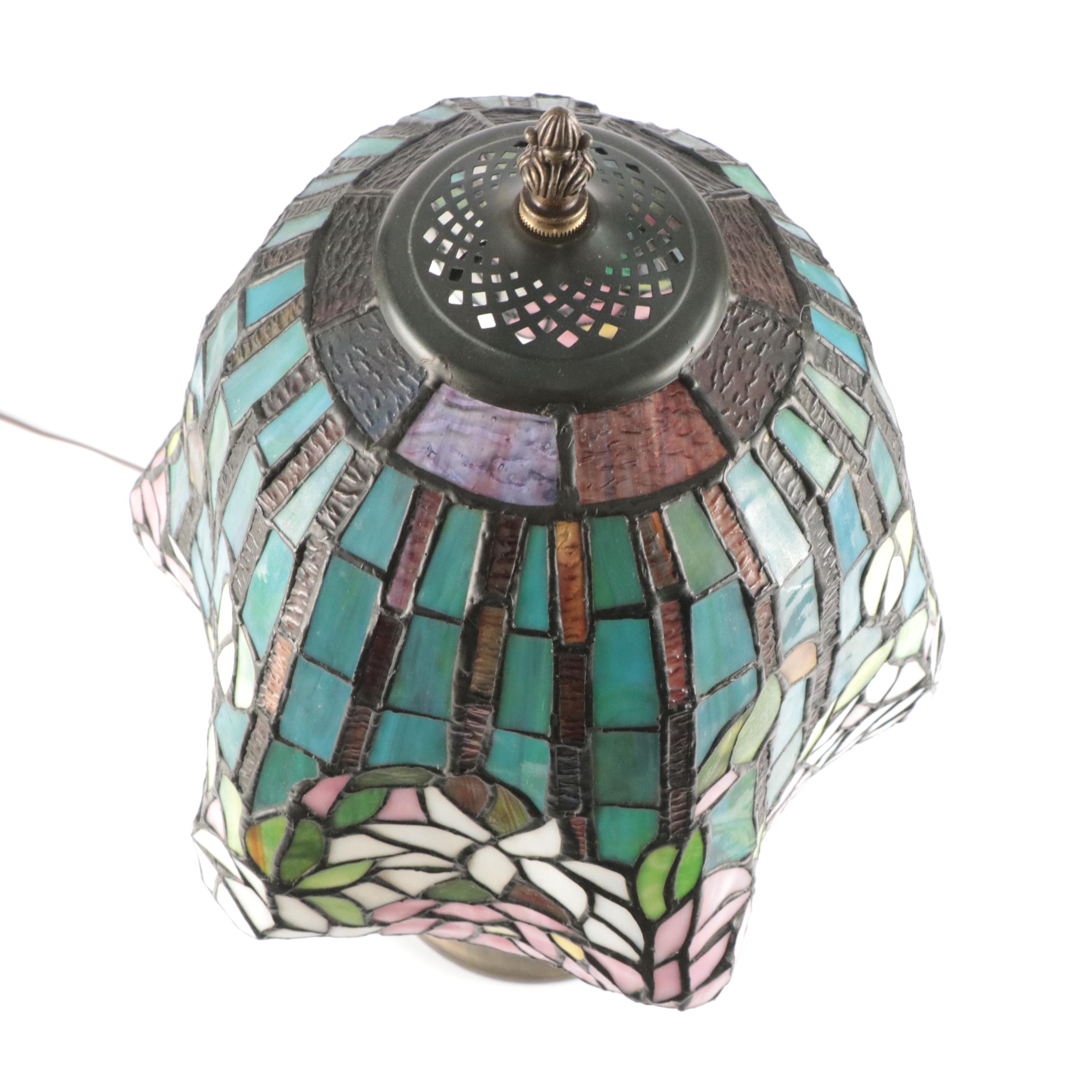 Dale Tiffany Style Slag Glass Lotus Motif Shade with Pressed Metal Table Lamp