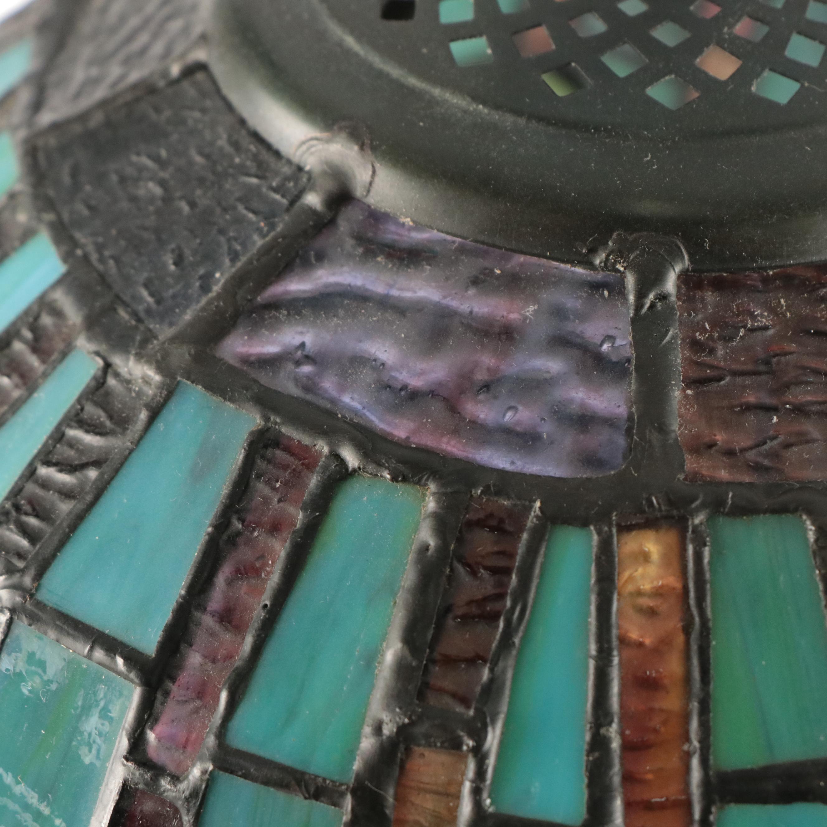 Dale Tiffany Style Slag Glass Lotus Motif Shade with Pressed Metal Table Lamp