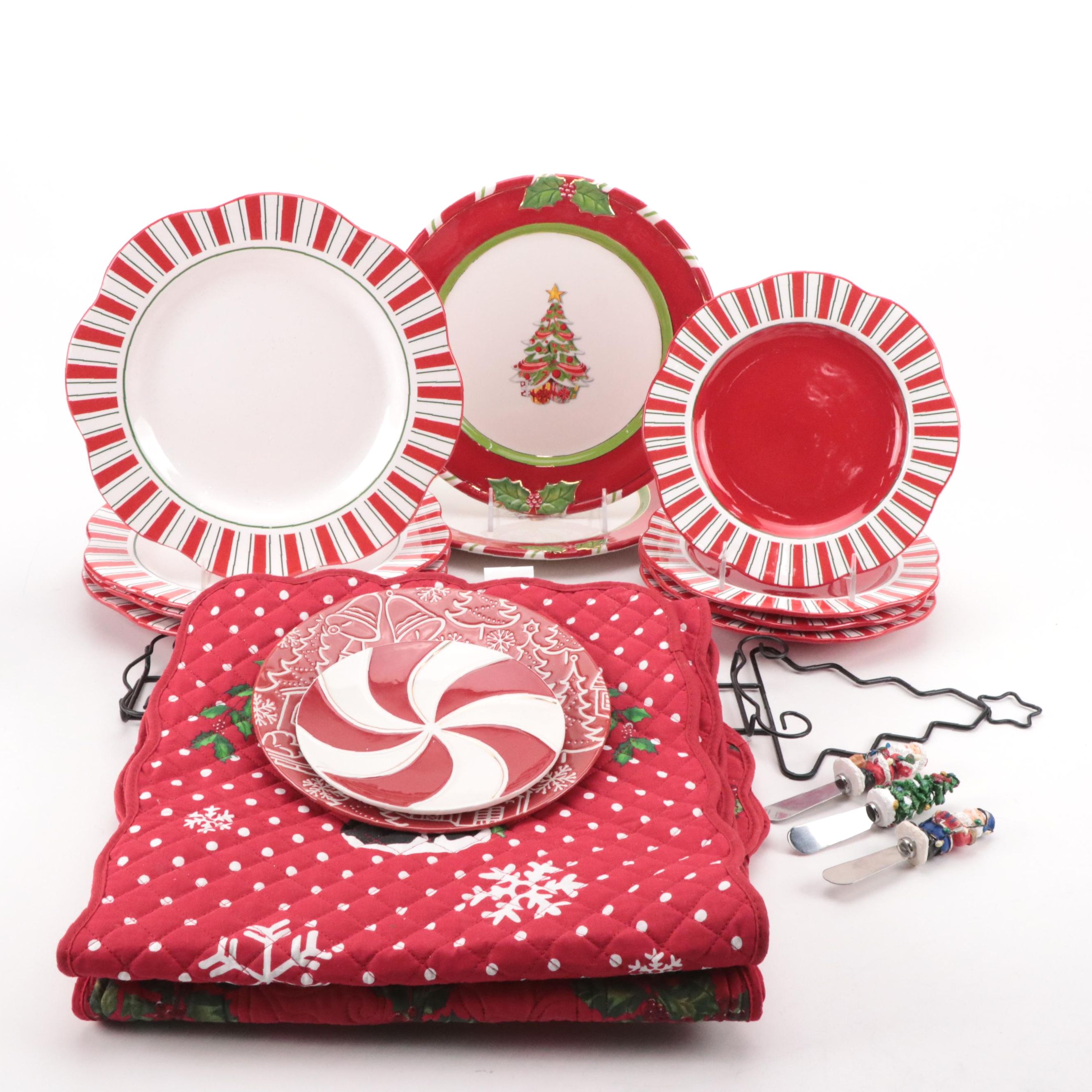 Pier 1 Imports "Candy Cane" Christmas Plates with Quilted Table Runners and More