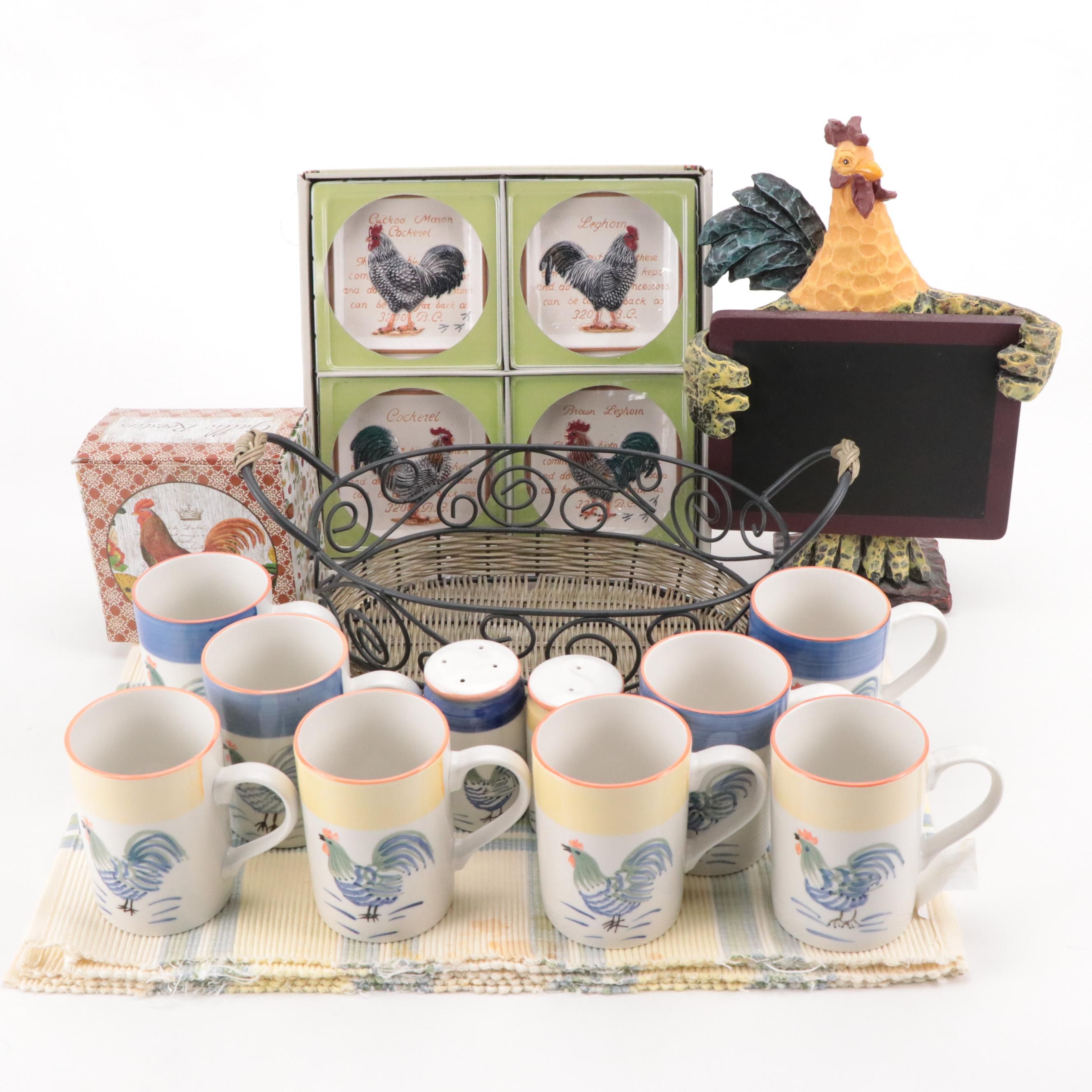 Tabletops Unlimited "Rooster Glory" Mugs with Other Kitchenware and Decor
