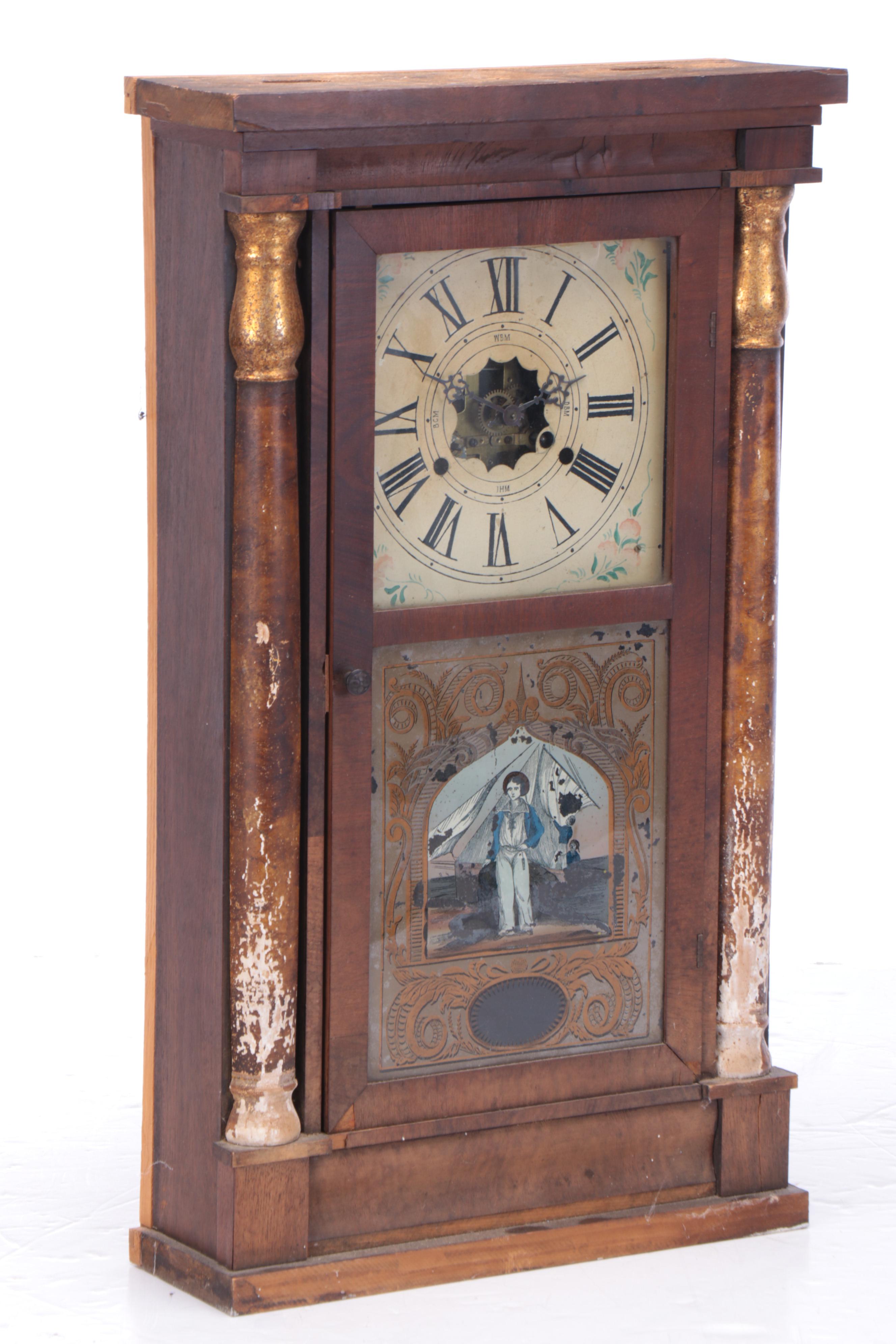Seth Thomas Reverse Painted Nautical Walnut 8-Day Clock, Mid to Late 19th C.