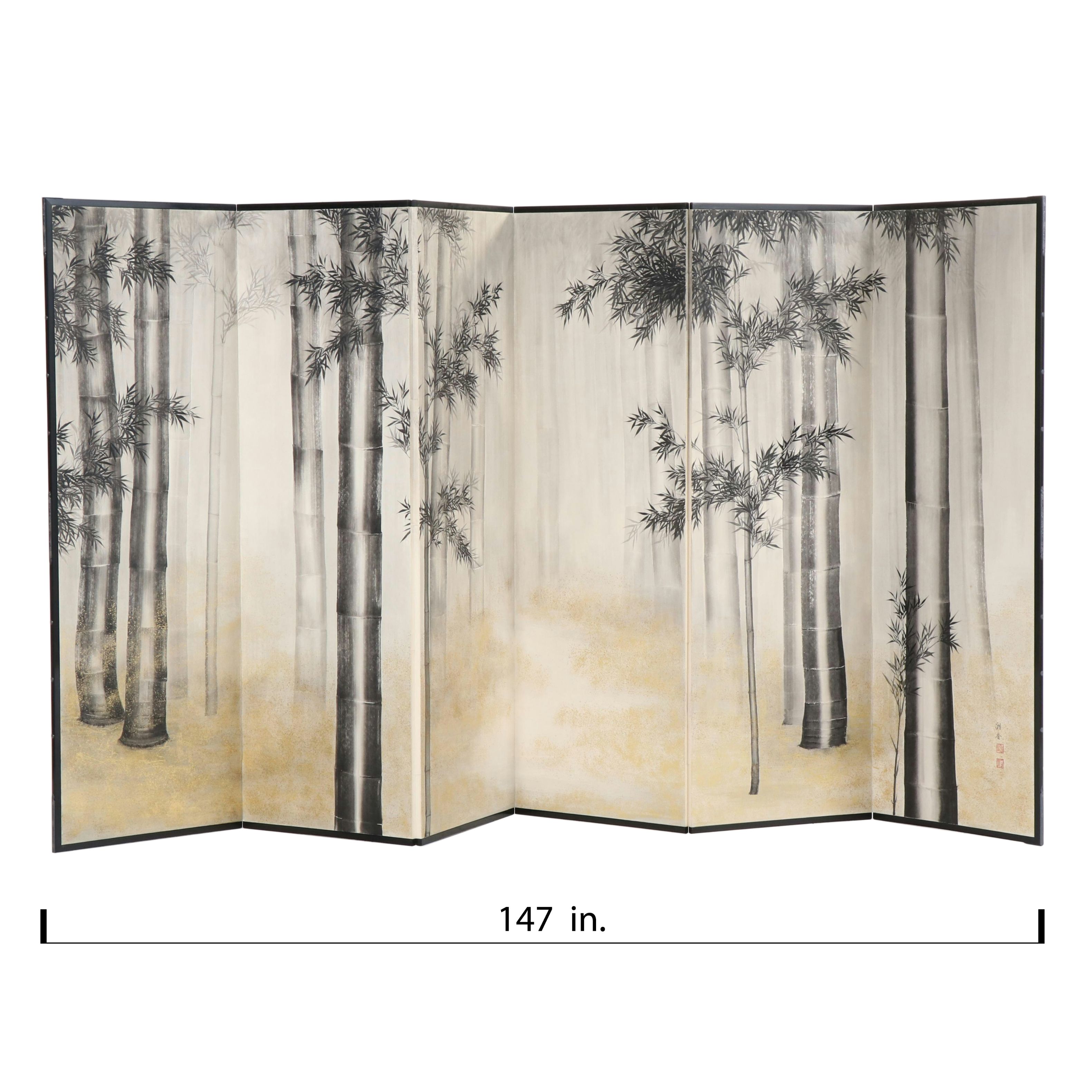 Japanese Six-Panel Room Divider with Bamboo Motif