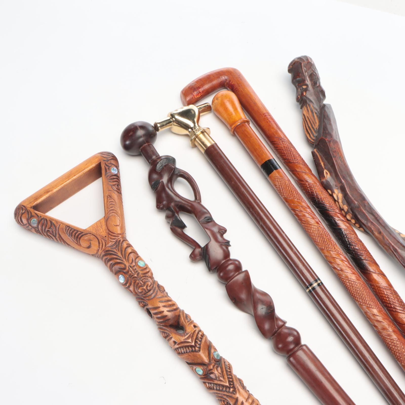 Carved Wood and Other Walking Sticks and Canes Featuring Abalone