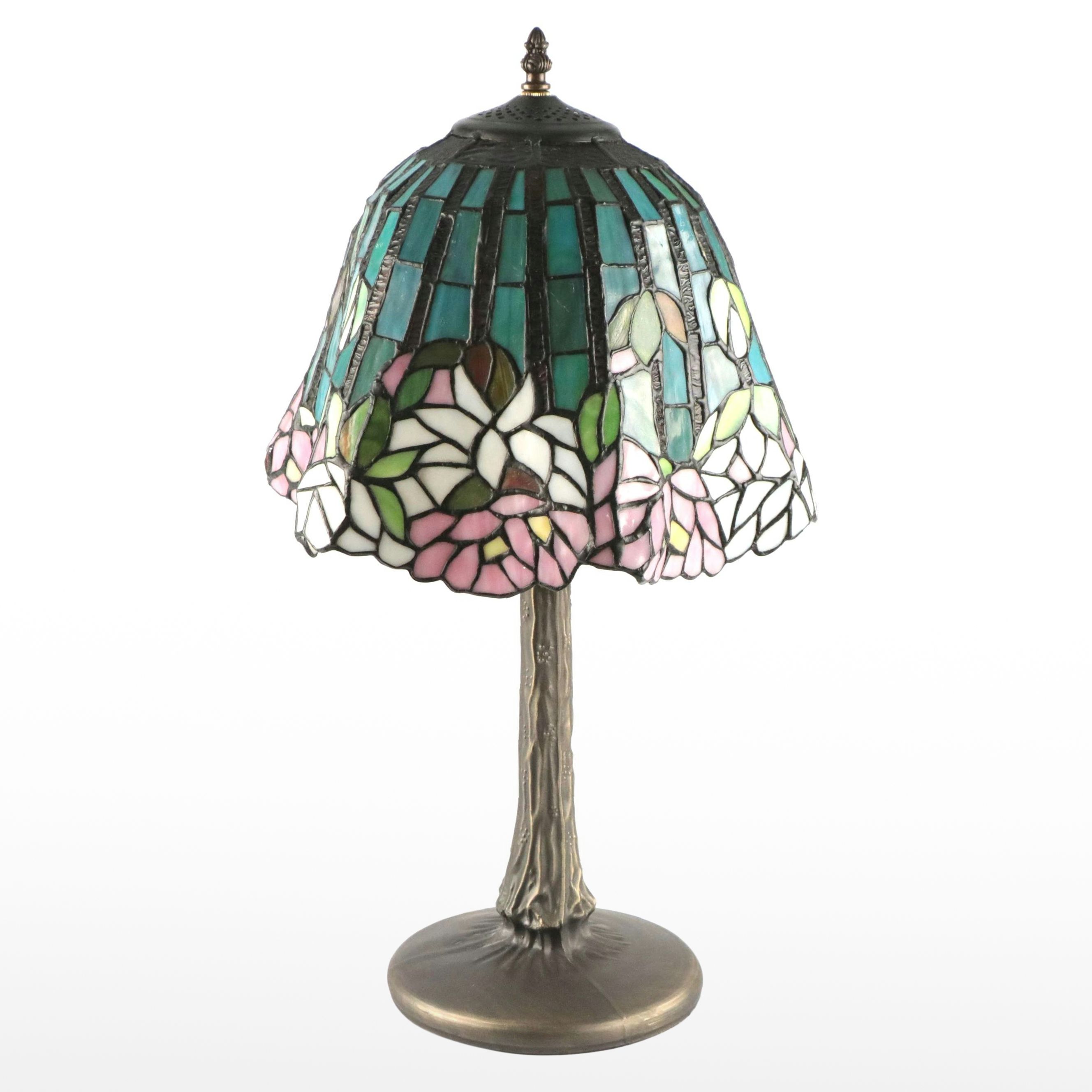Dale Tiffany Style Slag Glass Lotus Motif Shade with Pressed Metal Table Lamp