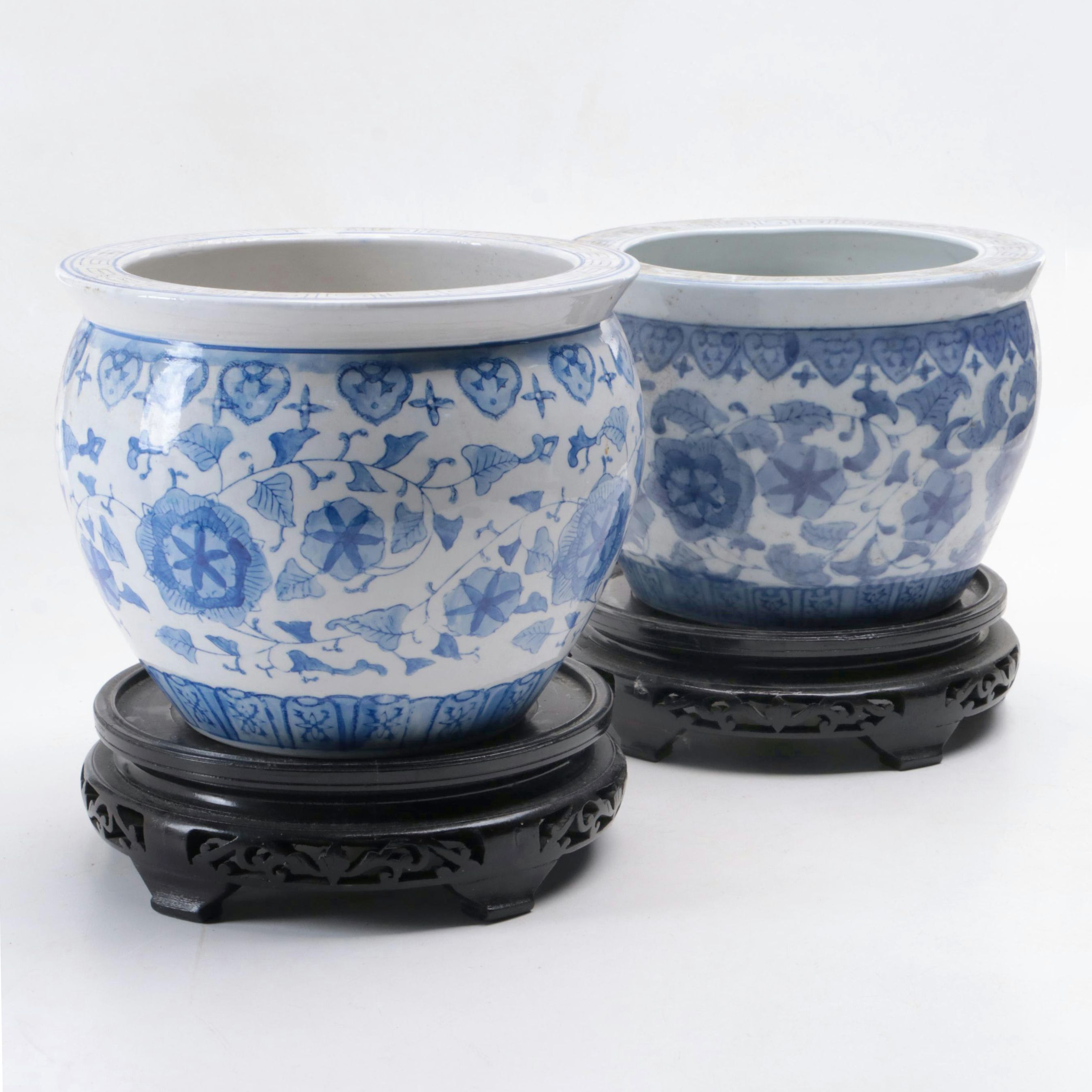 Chinese Blue and White Porcelain Planters with Wooden Stands