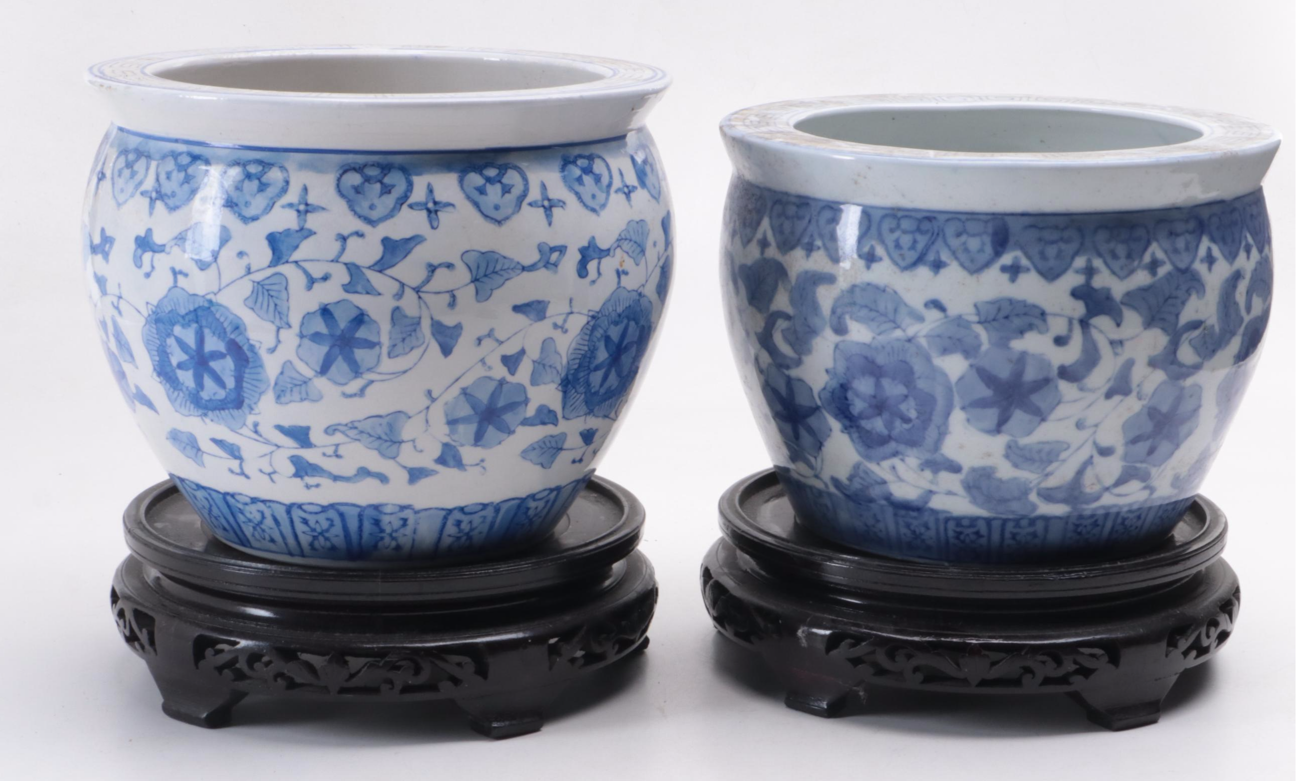 Chinese Blue and White Porcelain Planters with Wooden Stands