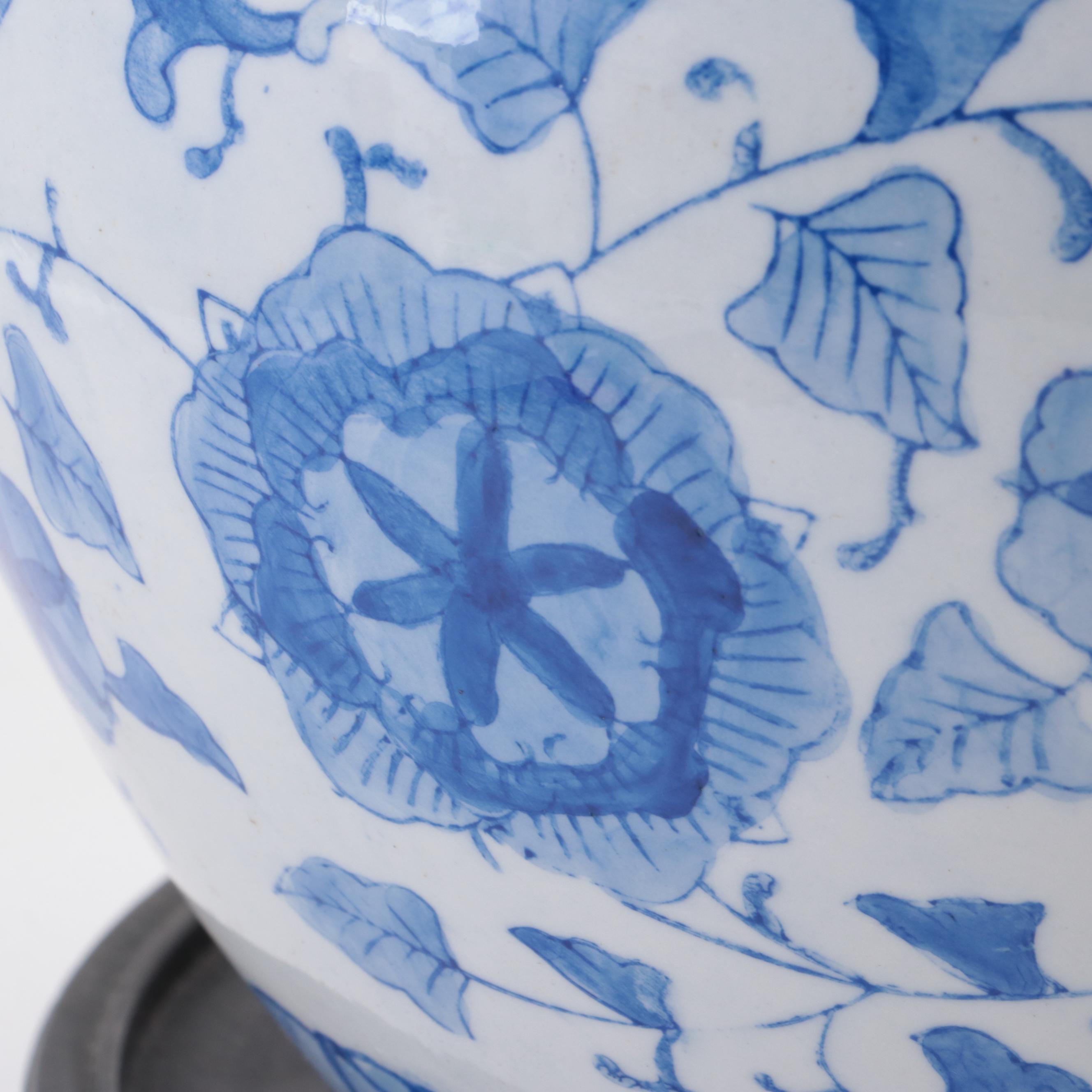 Chinese Blue and White Porcelain Planters with Wooden Stands