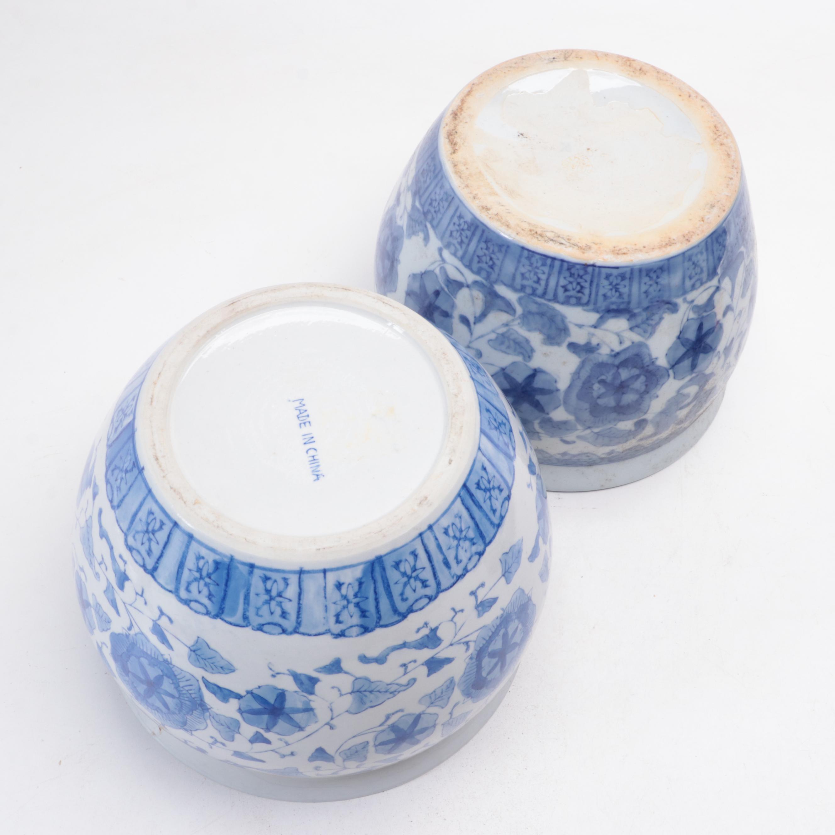 Chinese Blue and White Porcelain Planters with Wooden Stands