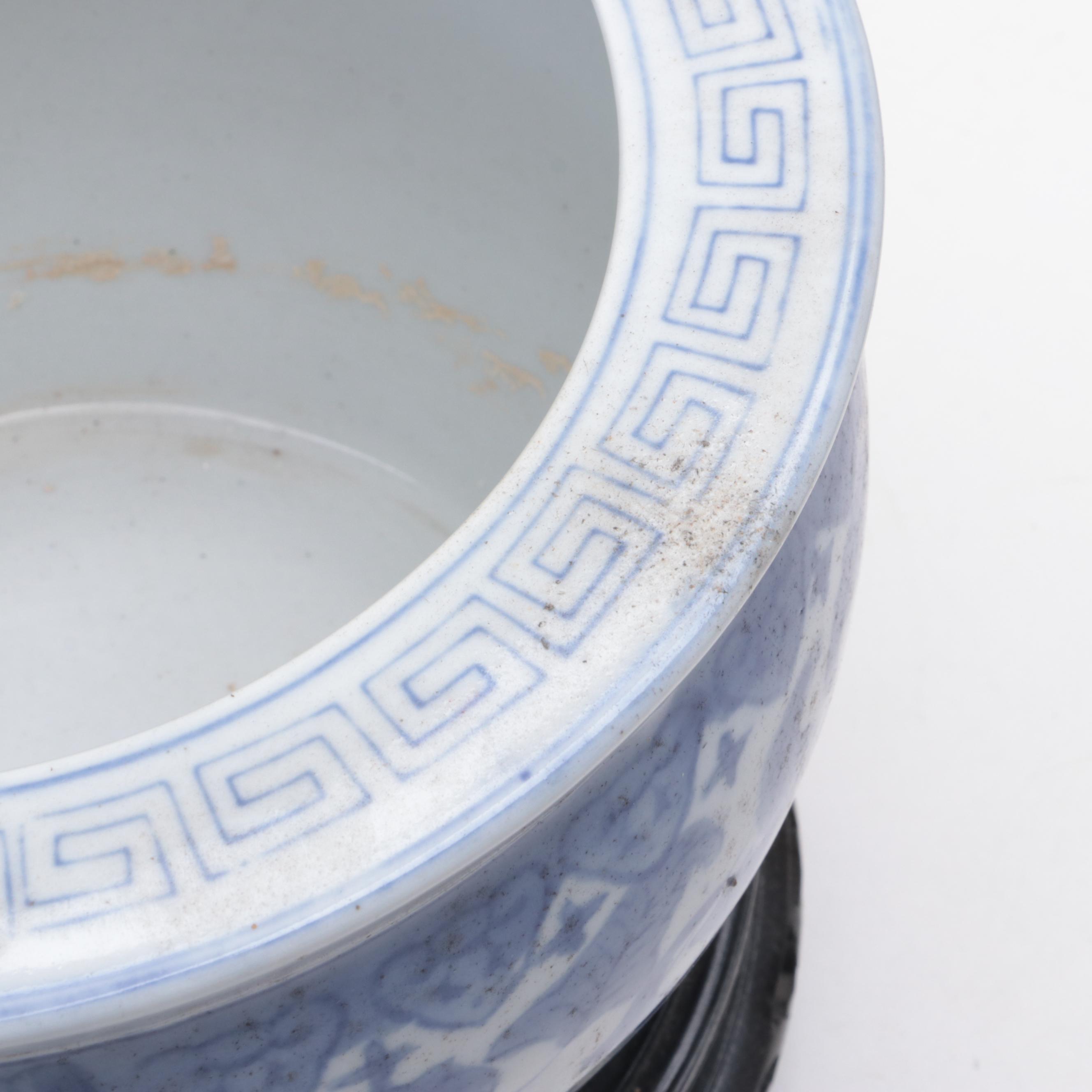 Chinese Blue and White Porcelain Planters with Wooden Stands