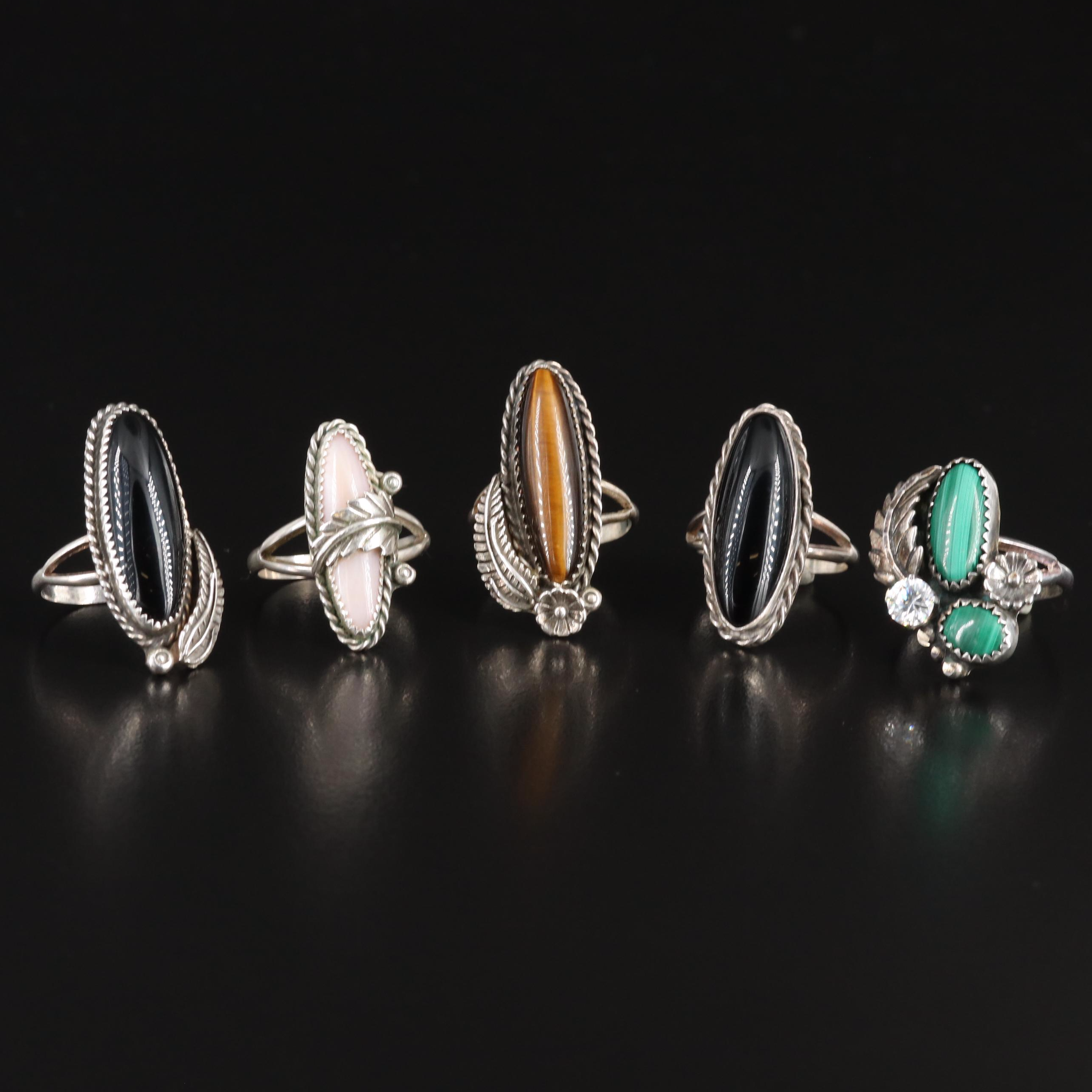 Southwestern Sterling Rings Including Tiger's Eye and Malachite