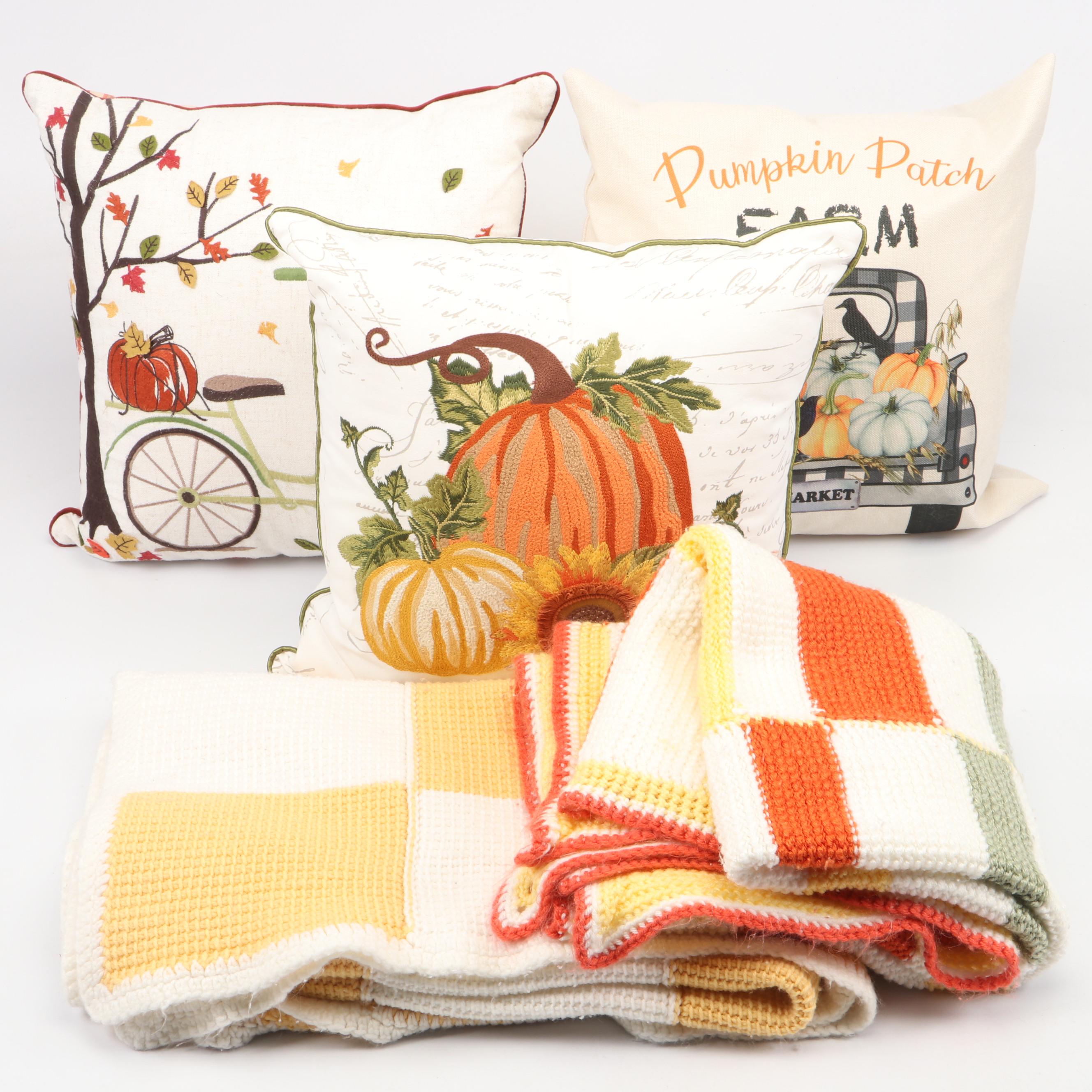 Pumpkin Embroidered and Printed Accent Pillows with Crochet Throw Blankets