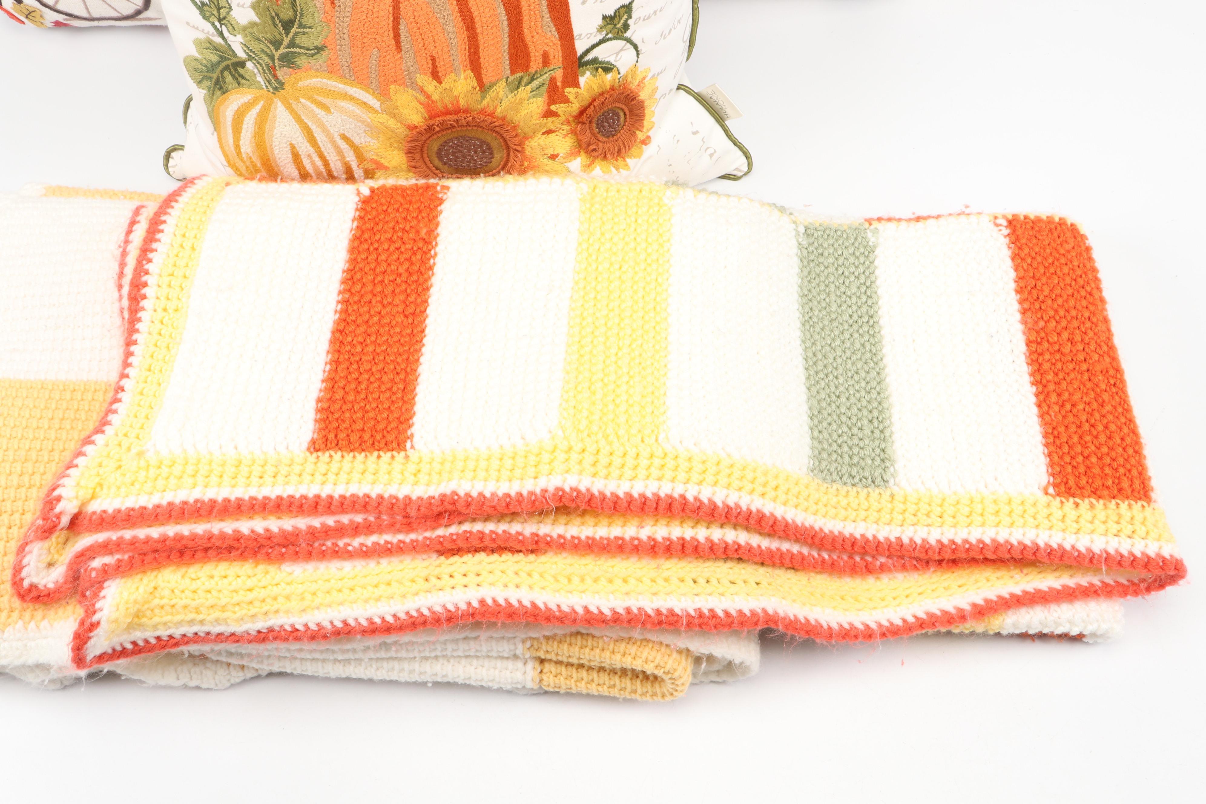 Pumpkin Embroidered and Printed Accent Pillows with Crochet Throw Blankets