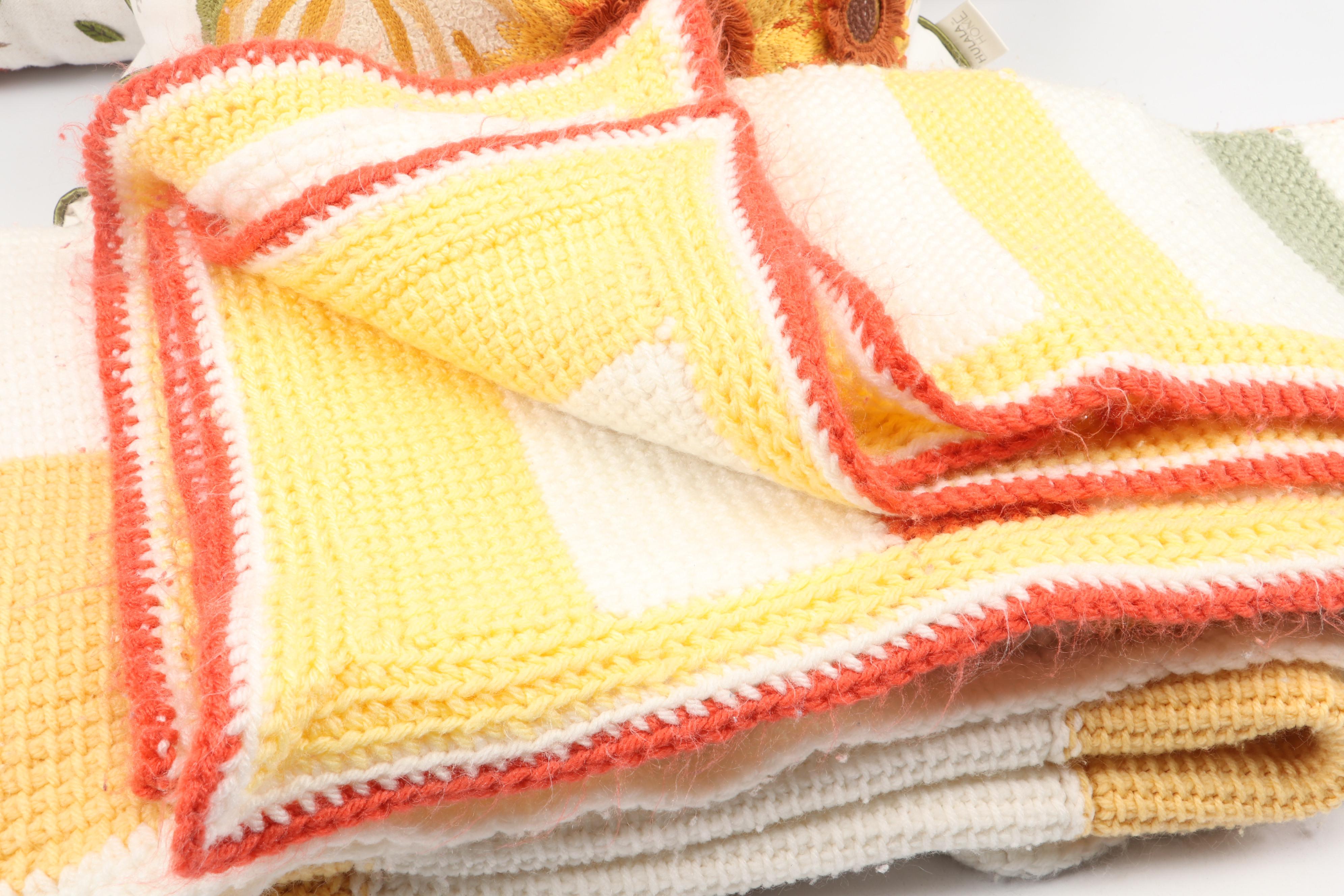 Pumpkin Embroidered and Printed Accent Pillows with Crochet Throw Blankets