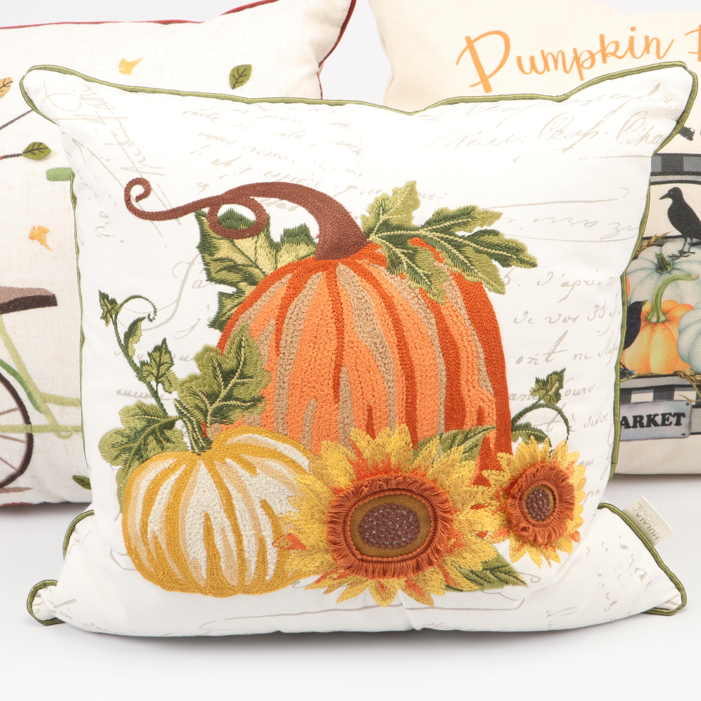 Pumpkin Embroidered and Printed Accent Pillows with Crochet Throw Blankets