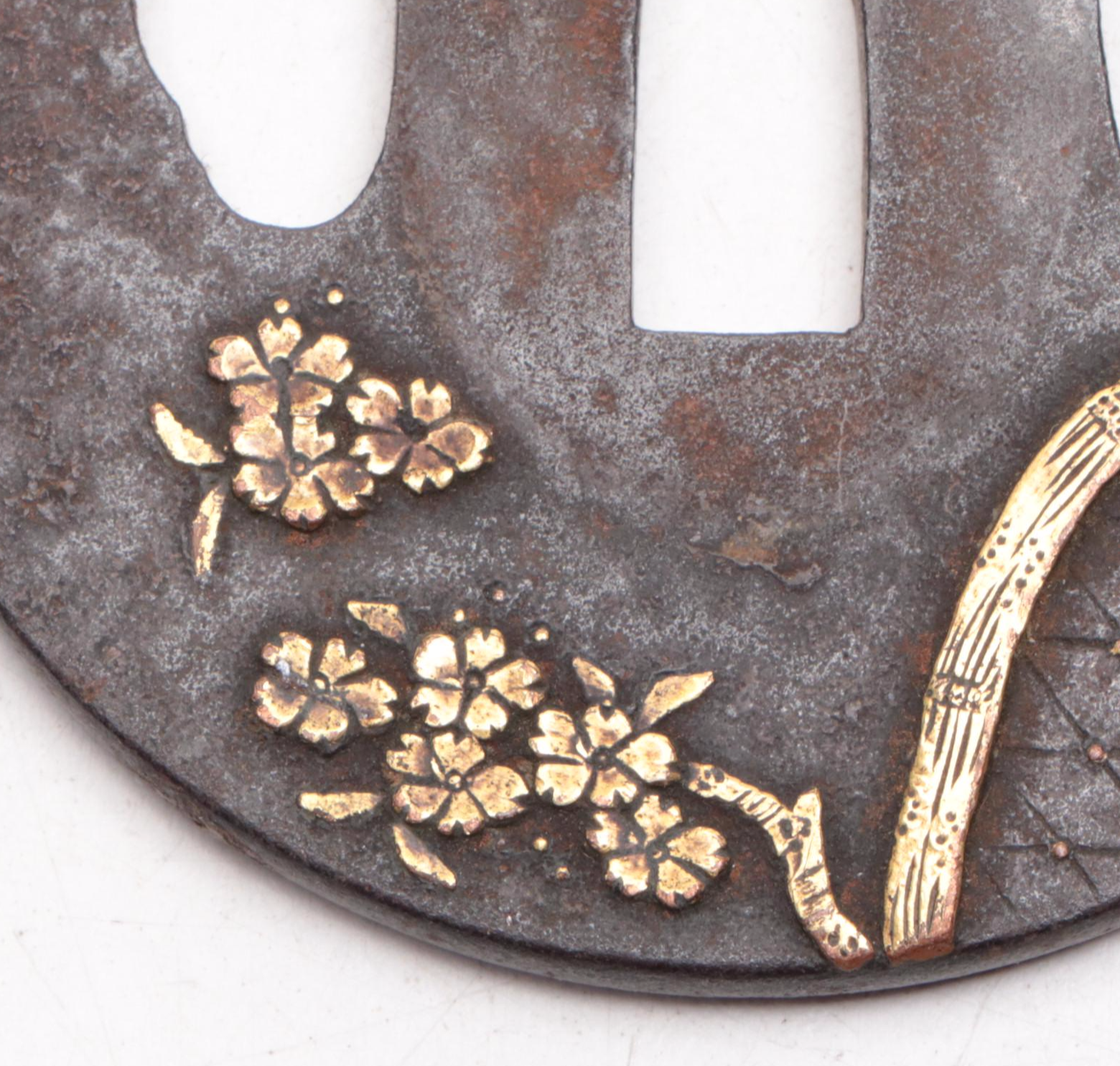 Japanese Iron and Gold Inlay Tsuba Sword Guard with Cherry Blossoms