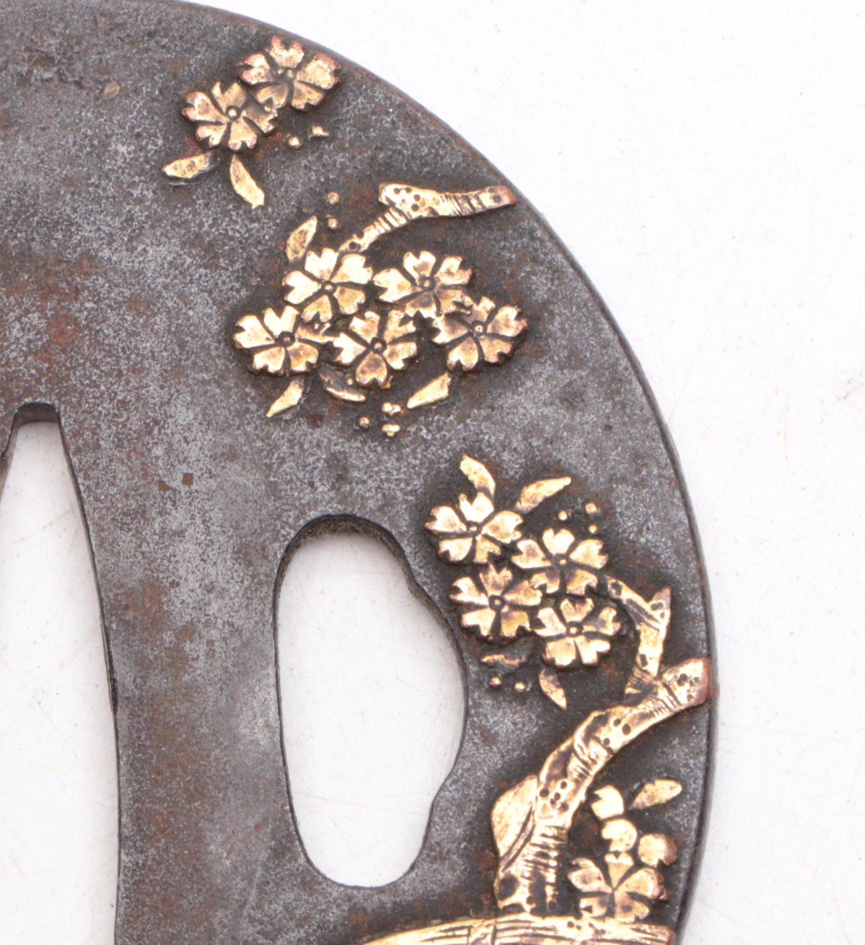 Japanese Iron and Gold Inlay Tsuba Sword Guard with Cherry Blossoms