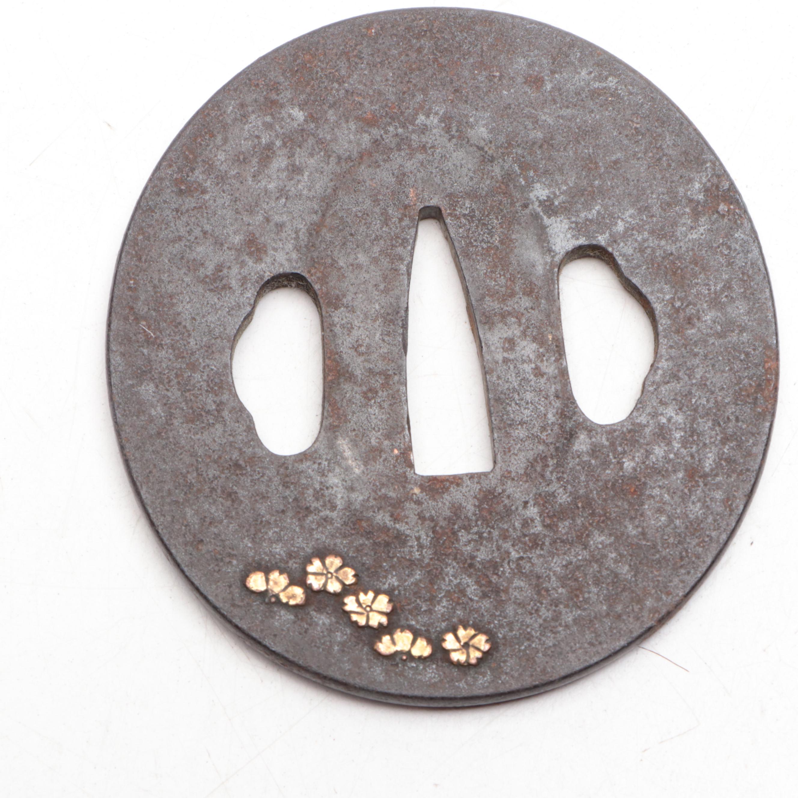 Japanese Iron and Gold Inlay Tsuba Sword Guard with Cherry Blossoms