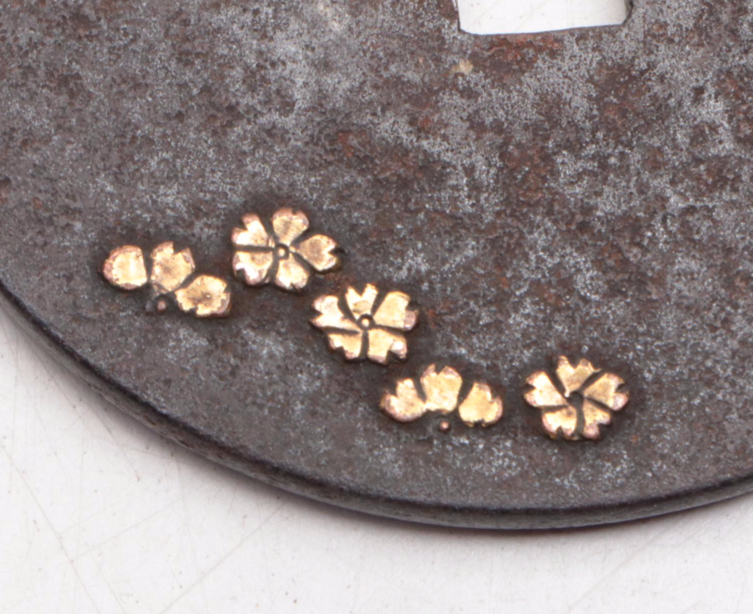 Japanese Iron and Gold Inlay Tsuba Sword Guard with Cherry Blossoms