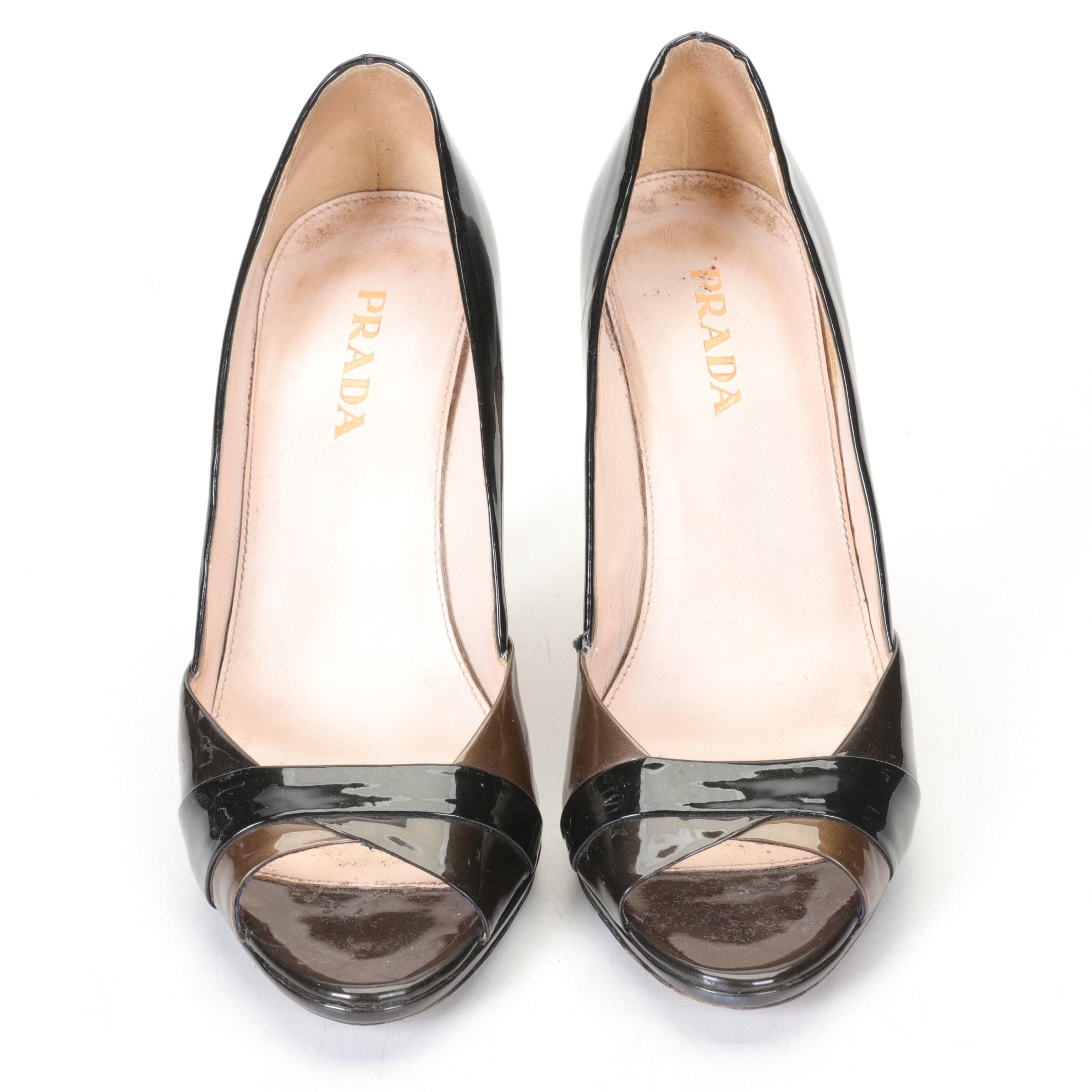 Prada Patent Leather Peep Toe Pumps In Graphite