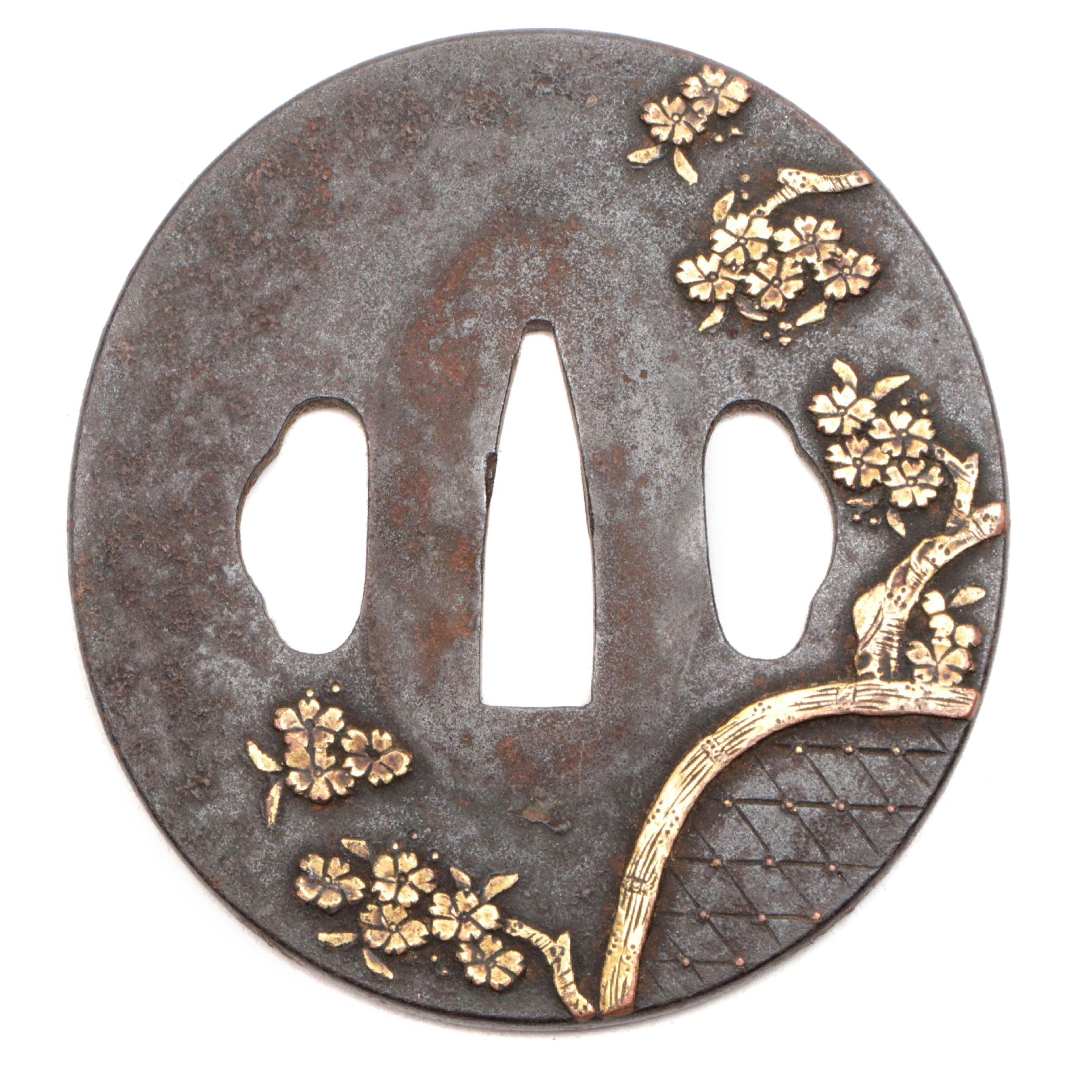 Japanese Iron and Gold Inlay Tsuba Sword Guard with Cherry Blossoms