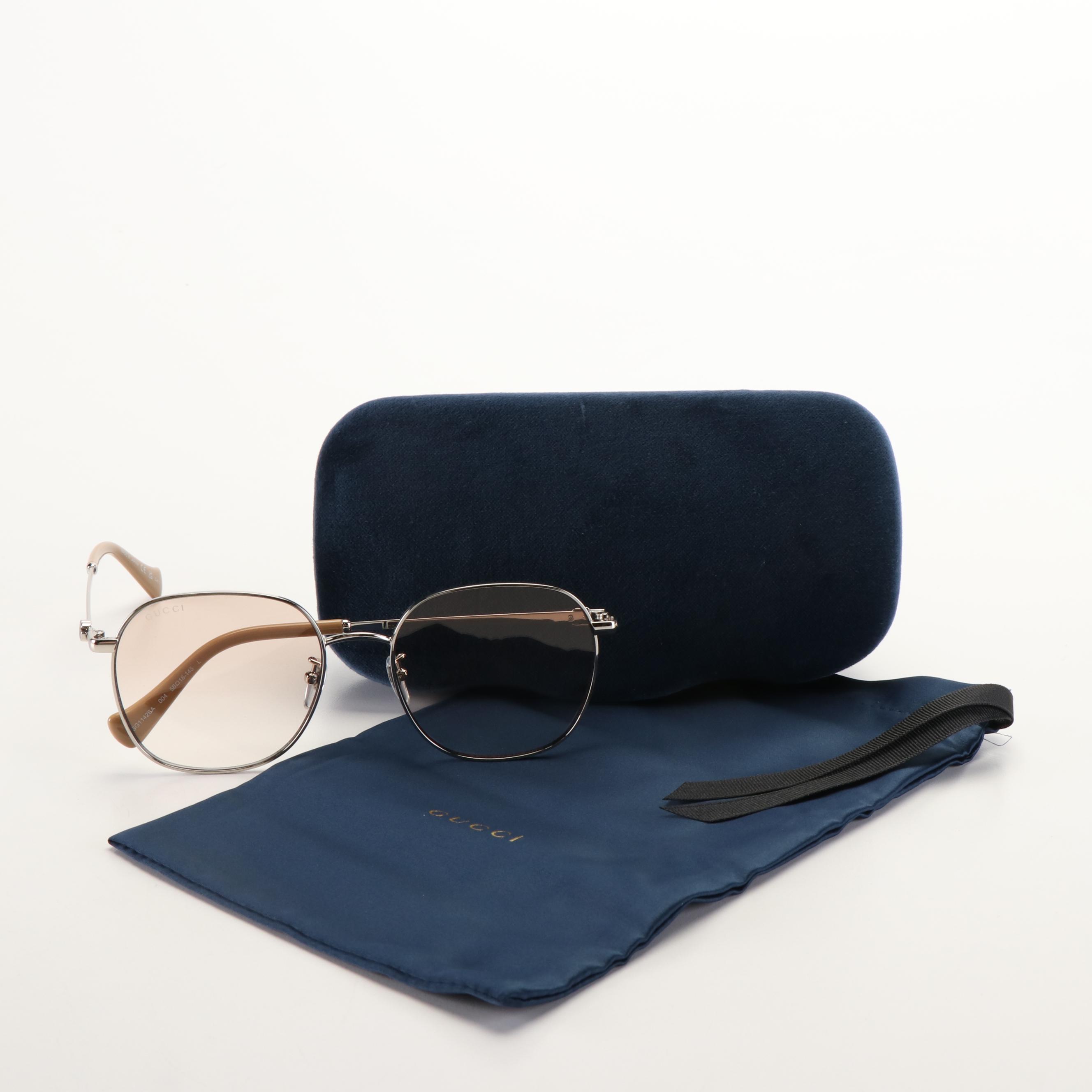 Gucci GG1142SA Gradient Lens Sunglasses with Silver Tone and Beige Frame