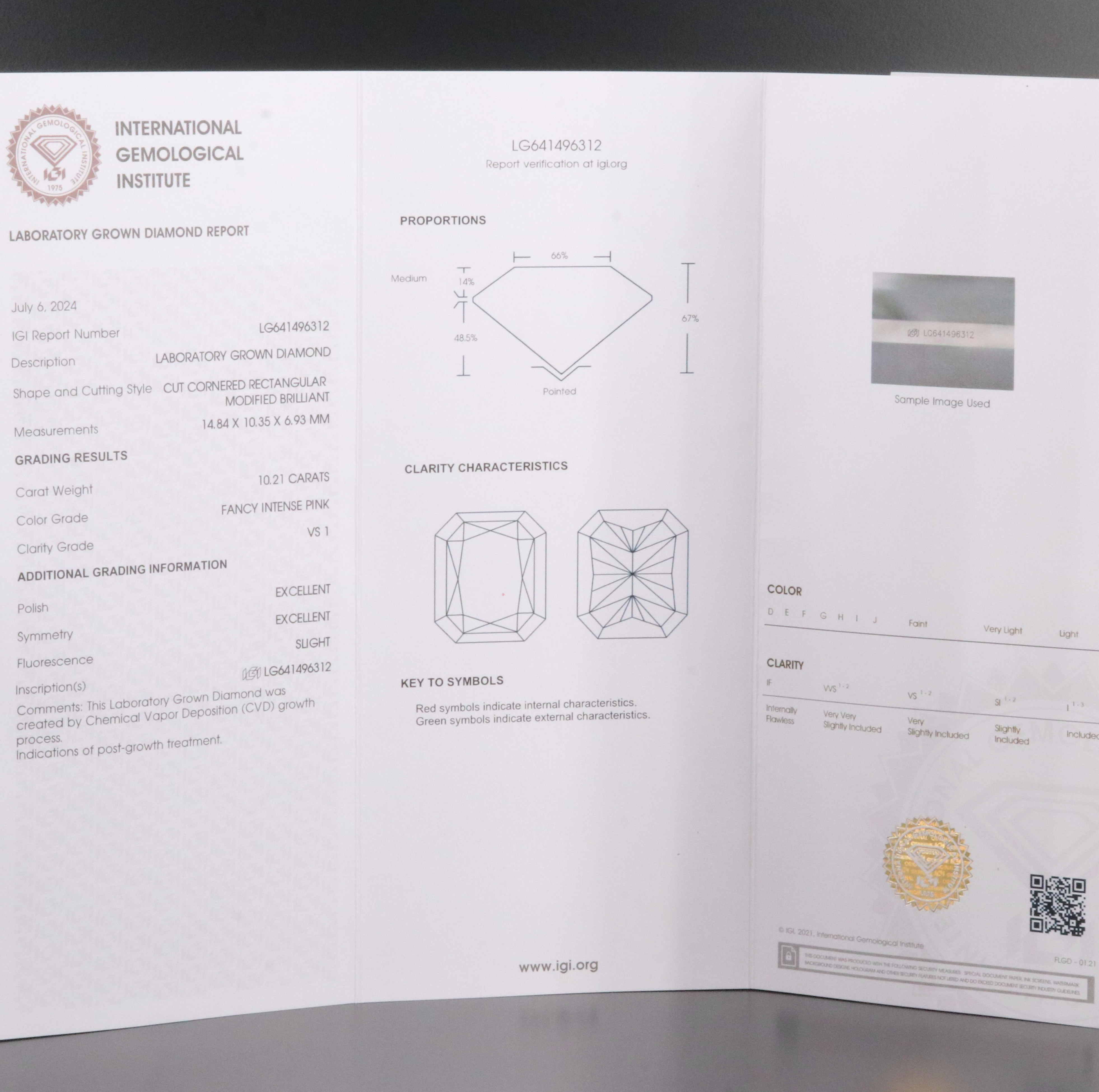Loose 10.21 CT Lab Grown Fancy Pink Diamond with IGI Report
