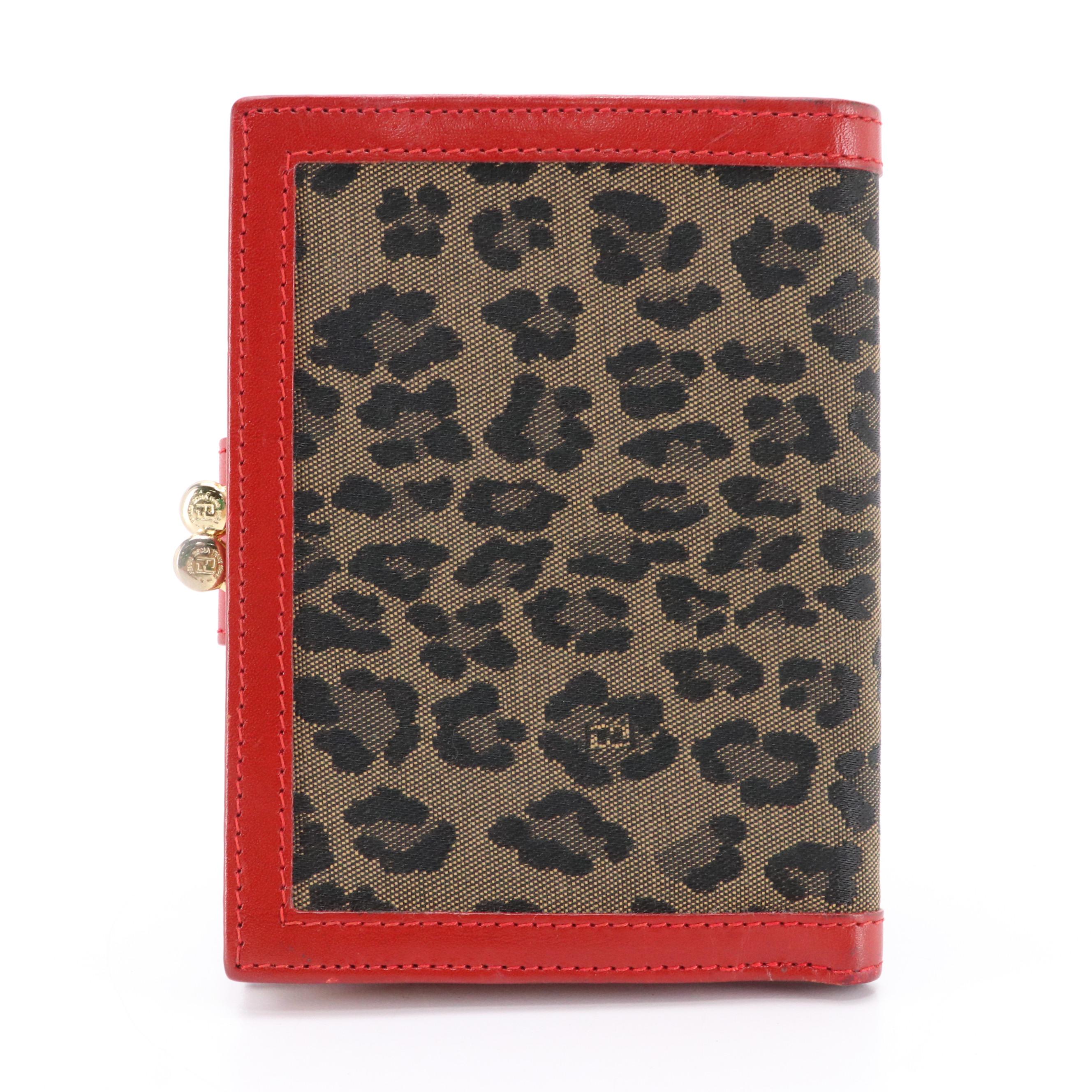 Fendi Bi-Fold Kiss Lock Wallet in Leopard Print Canvas and Red Leather