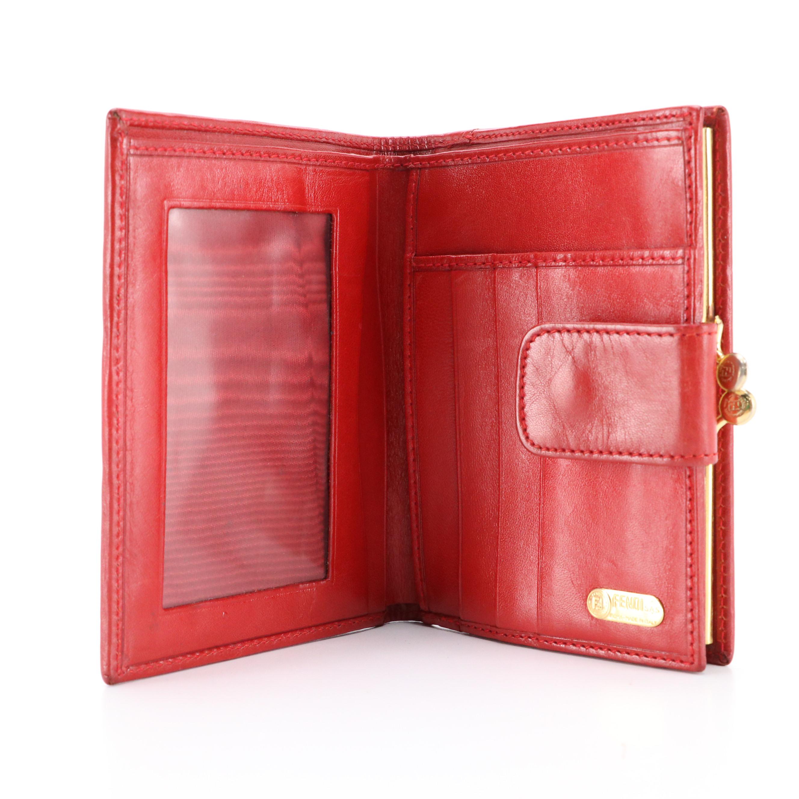 Fendi Bi-Fold Kiss Lock Wallet in Leopard Print Canvas and Red Leather