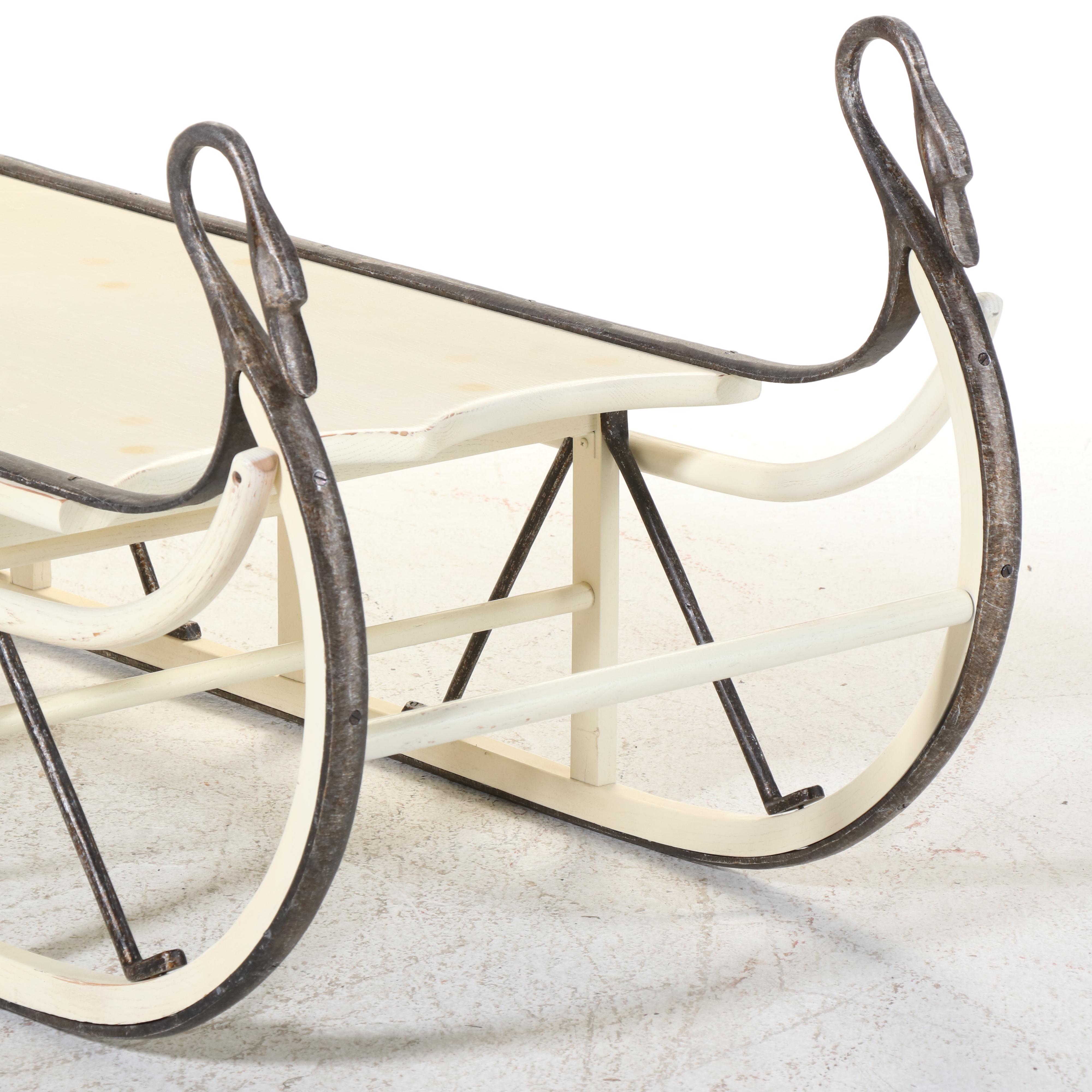 Large Iron-Mounted and Painted Oak Swan's Neck Sled/Coffee Table