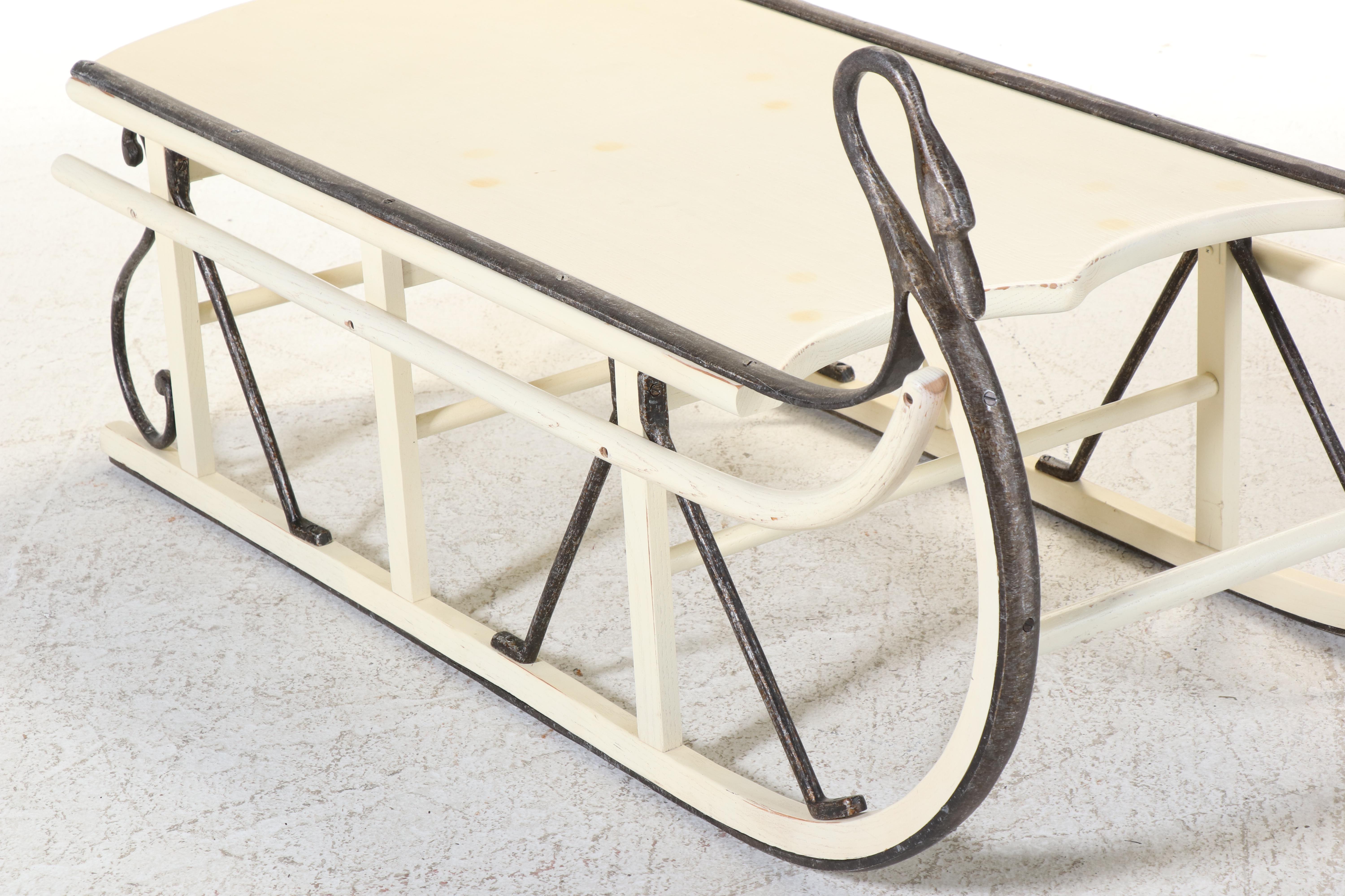 Large Iron-Mounted and Painted Oak Swan's Neck Sled/Coffee Table