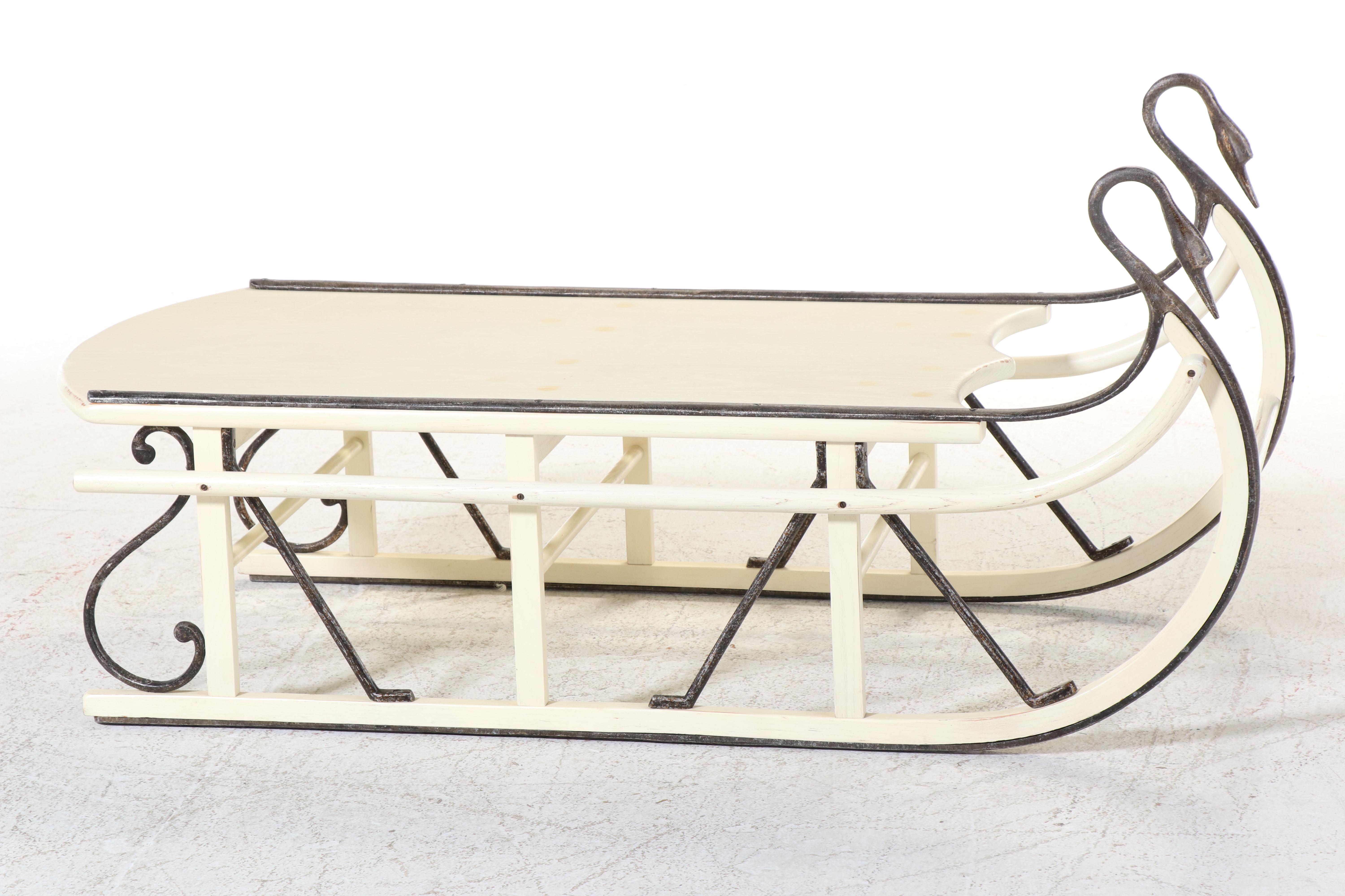 Large Iron-Mounted and Painted Oak Swan's Neck Sled/Coffee Table