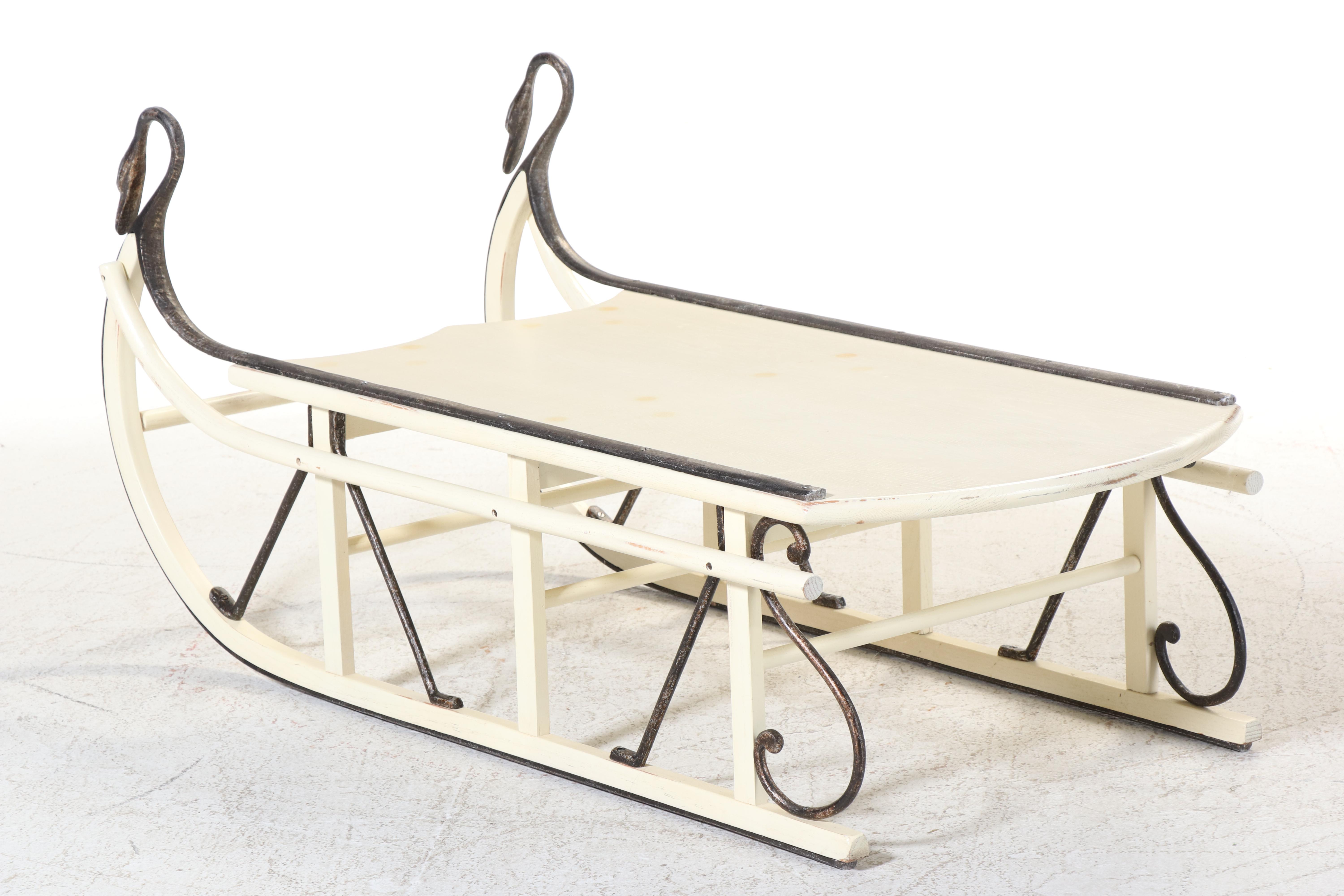 Large Iron-Mounted and Painted Oak Swan's Neck Sled/Coffee Table
