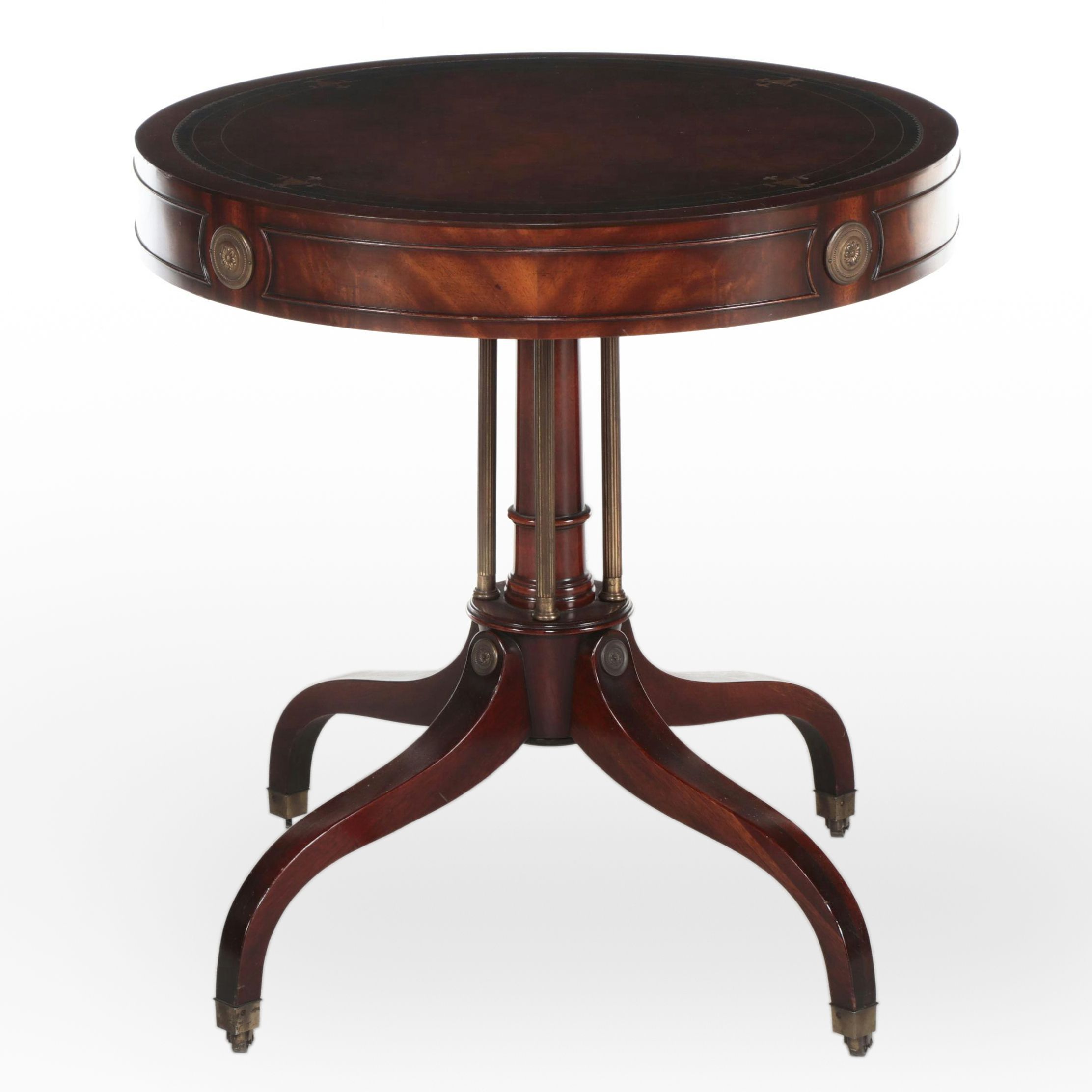 Weiman Classical Style Brass-Mounted Mahogany and Gilt-Tooled Leather Side Table