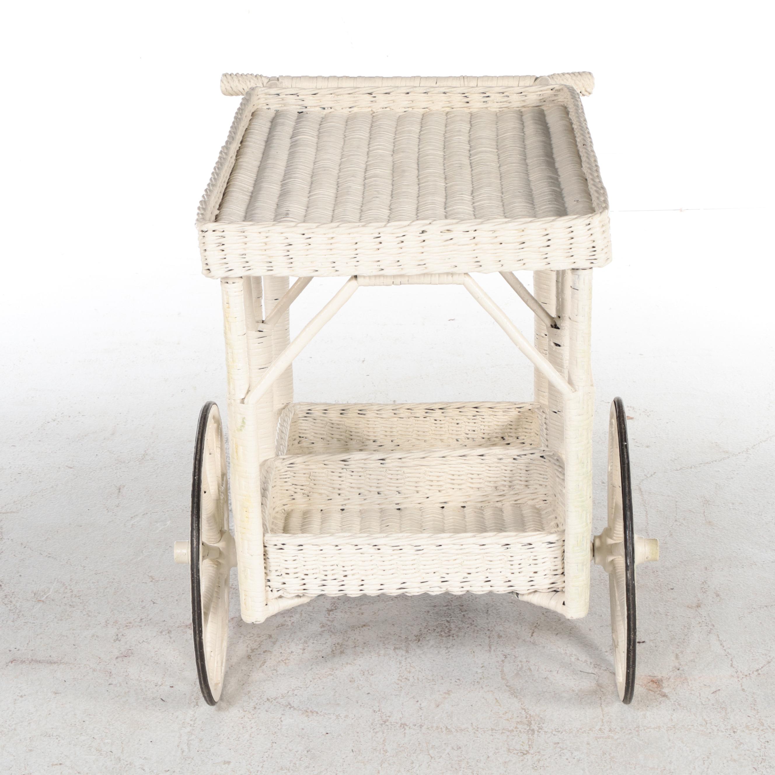 Late Victorian White-Painted Wicker and Rattan Tea Cart, Early 20th Century