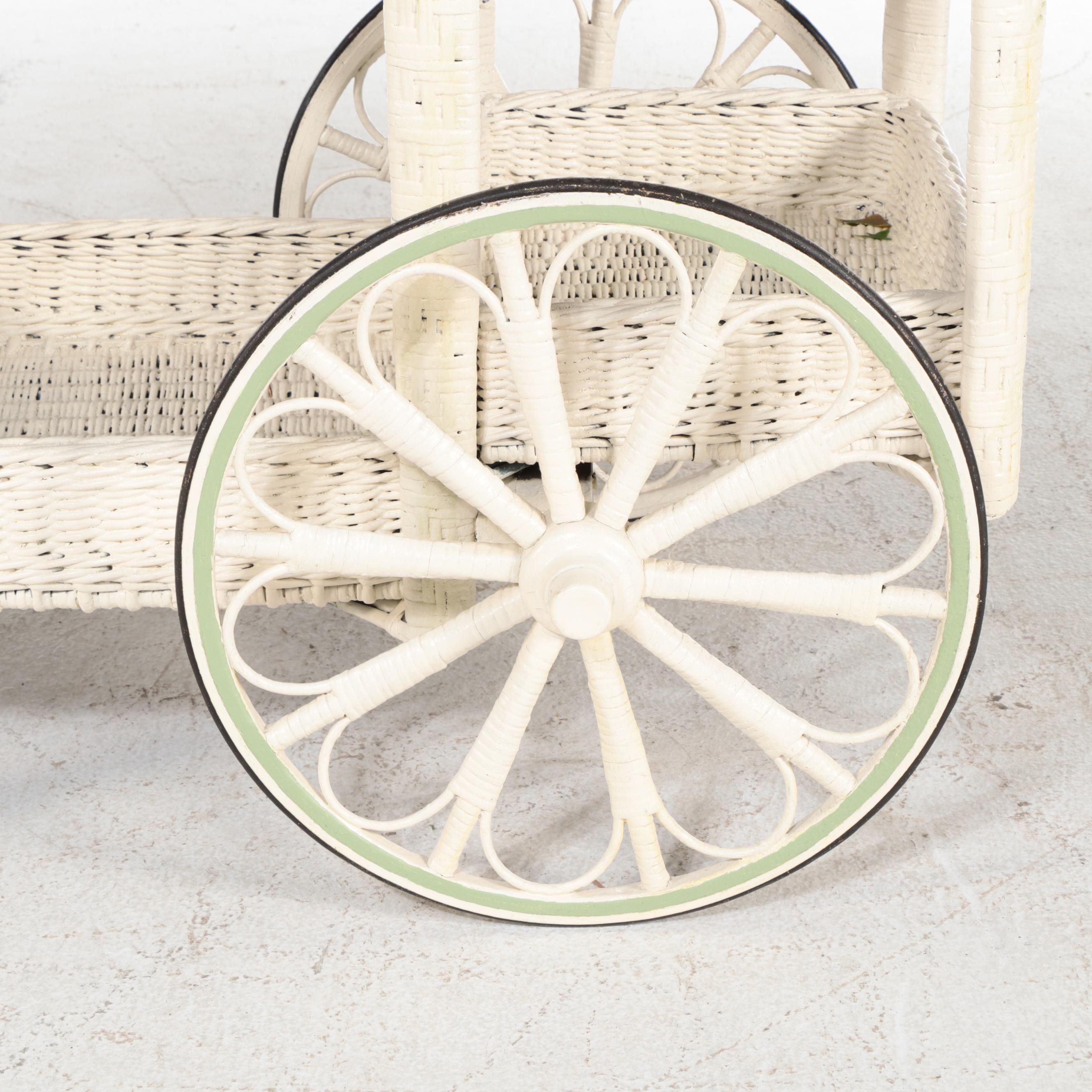 Late Victorian White-Painted Wicker and Rattan Tea Cart, Early 20th Century