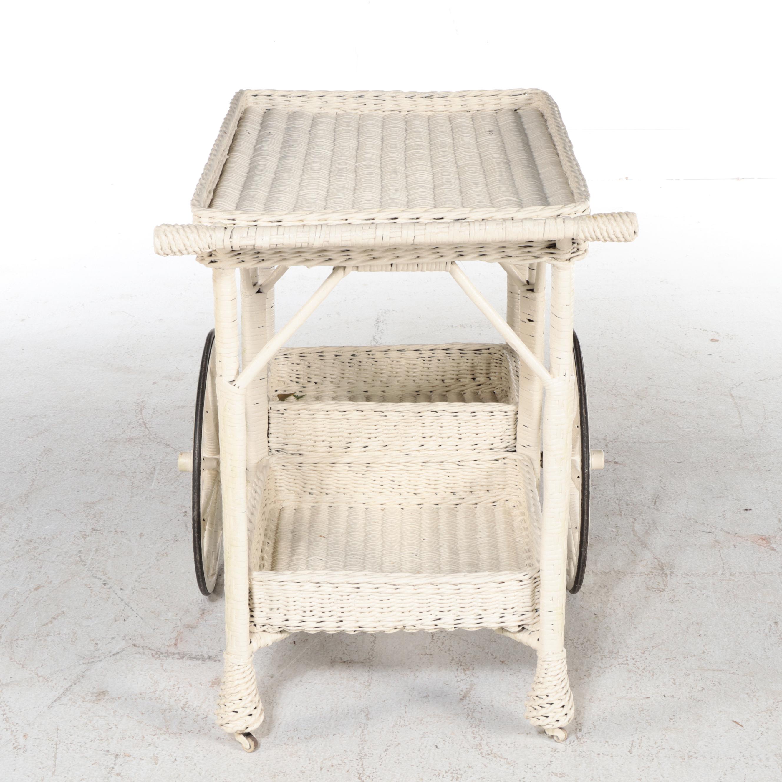 Late Victorian White-Painted Wicker and Rattan Tea Cart, Early 20th Century
