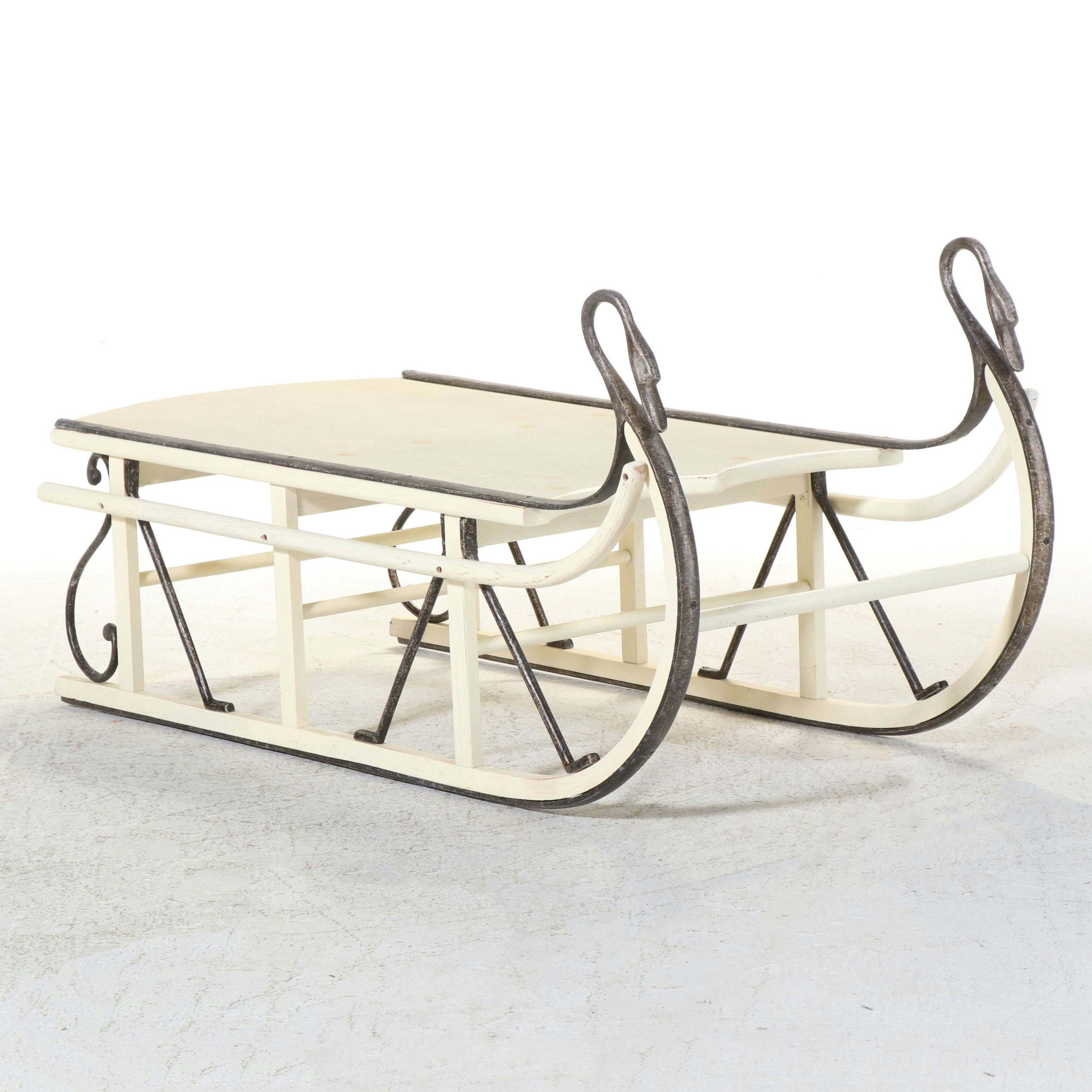 Large Iron-Mounted and Painted Oak Swan's Neck Sled/Coffee Table