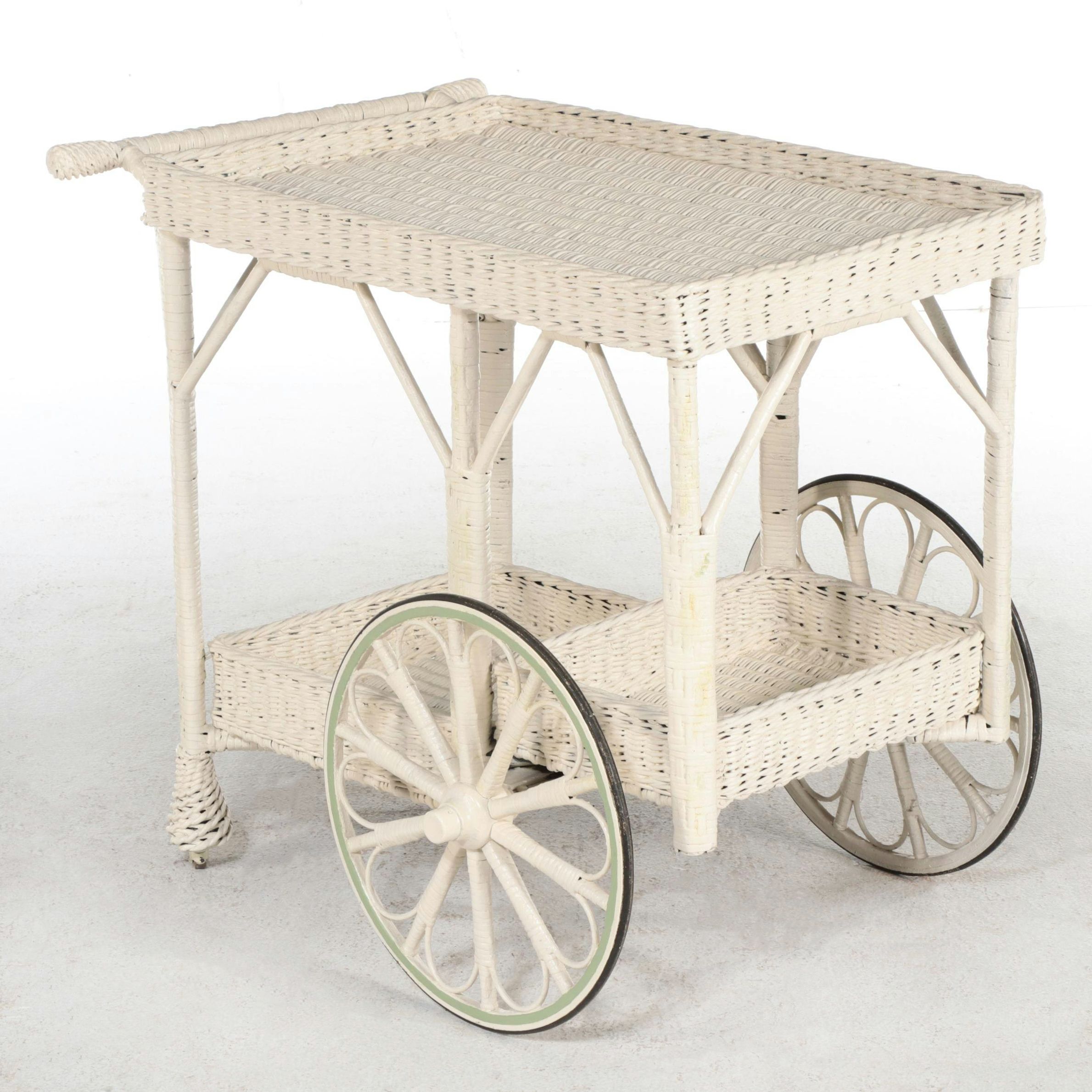 Late Victorian White-Painted Wicker and Rattan Tea Cart, Early 20th Century