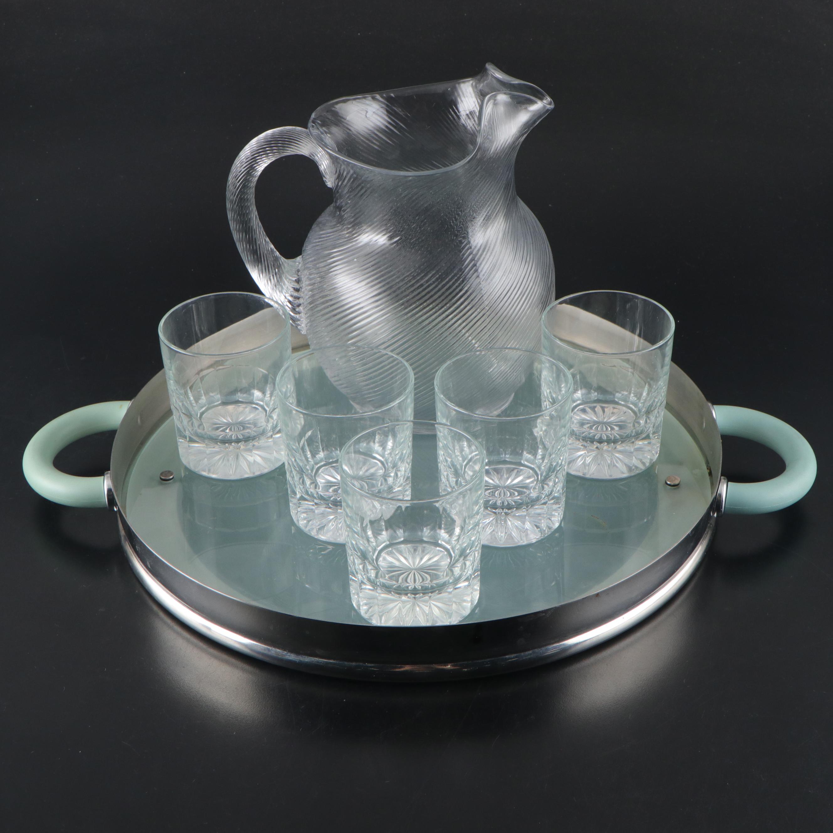 MCM Style Clear Glass and Metal Tray with Pitcher and Old Fashioned Glasses