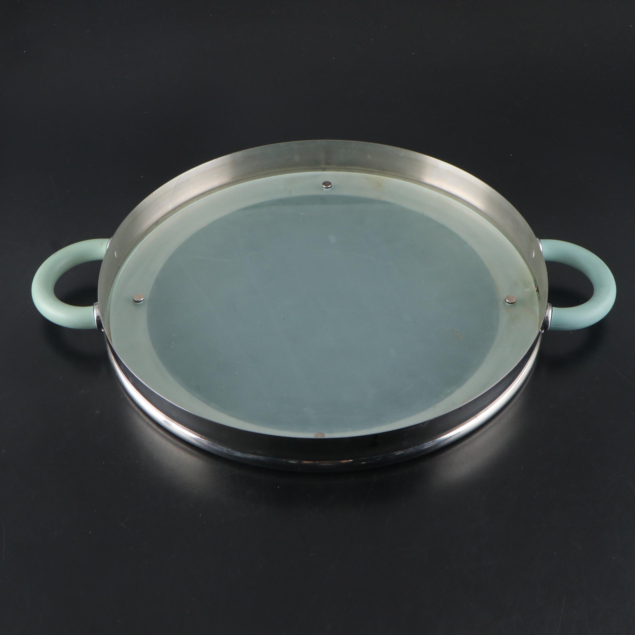 MCM Style Clear Glass and Metal Tray with Pitcher and Old Fashioned Glasses