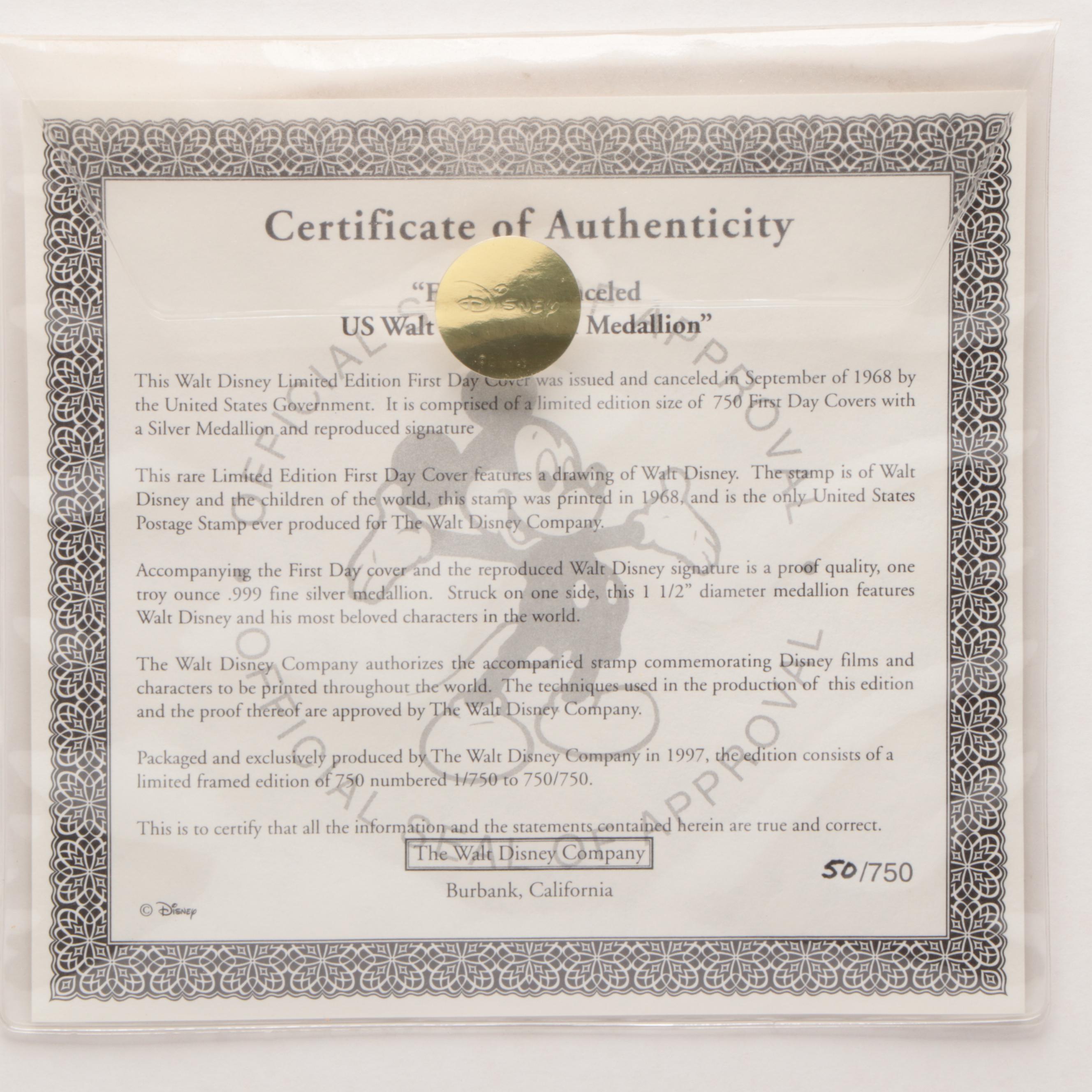 Walt Disney Limited Edition First Day Cover with Commemorative Fine Silver Medal