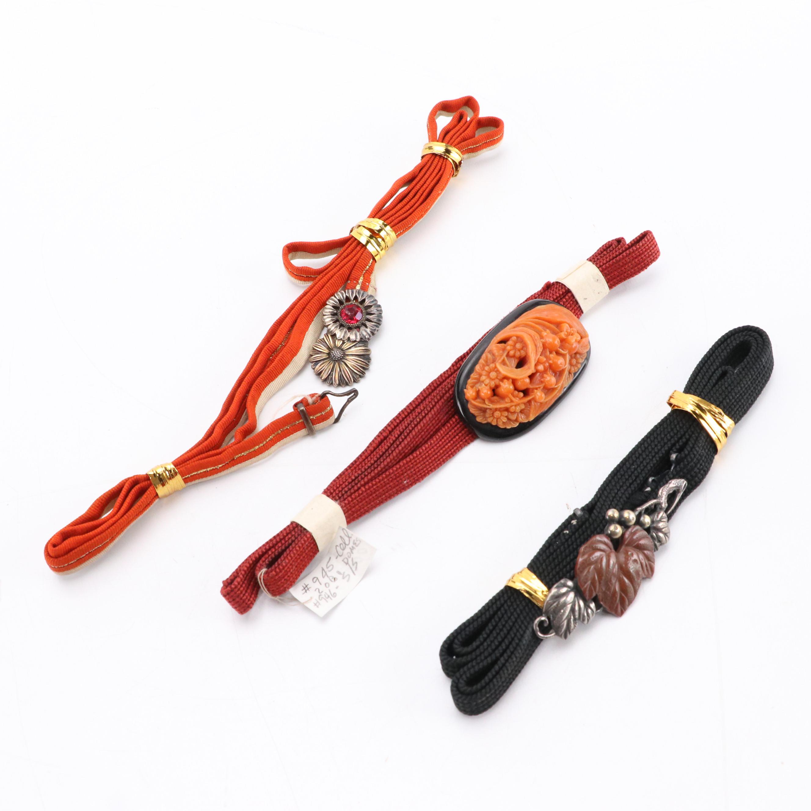 Japanese Obijime Kimono Belts and Obidome Clips in 14K Gold, Pearl, Coral & More