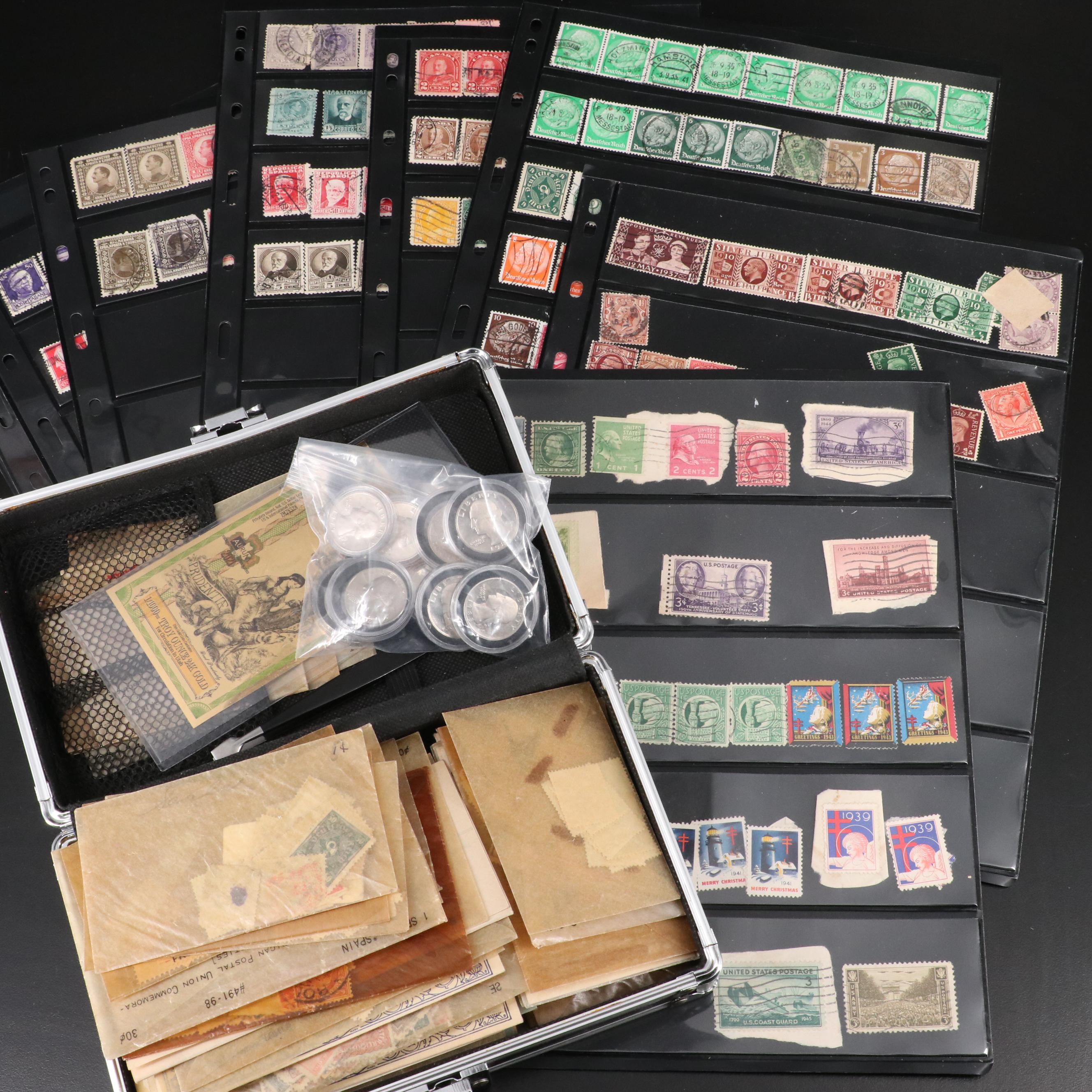 Collection of Used United States and World Stamps and 9 U.S. Quarter Proofs